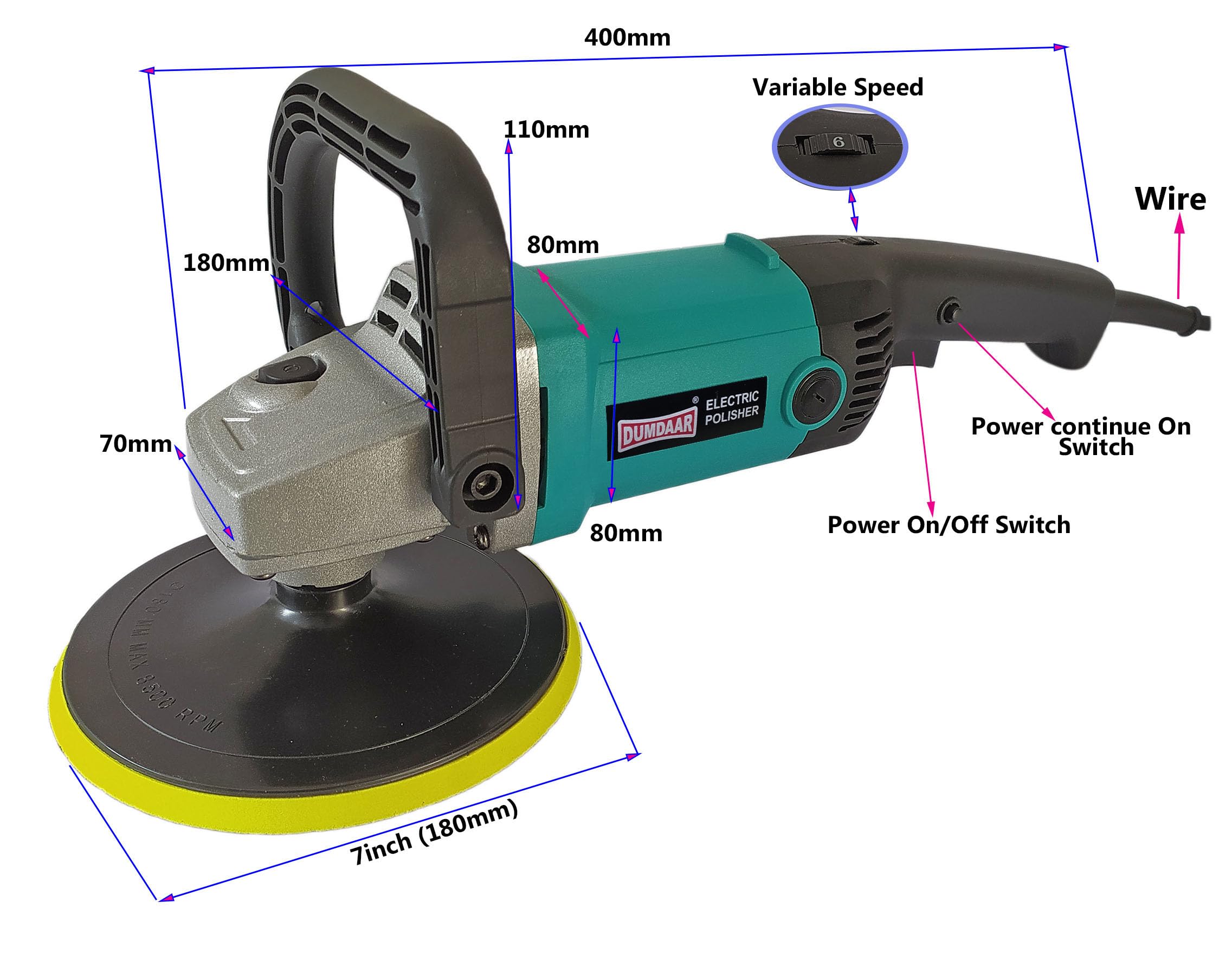 Inditrust Dumdaar BLUE Car Polisher Machine 1500w Variable speed (0-6) with accessories set - Image 2 thumbnail