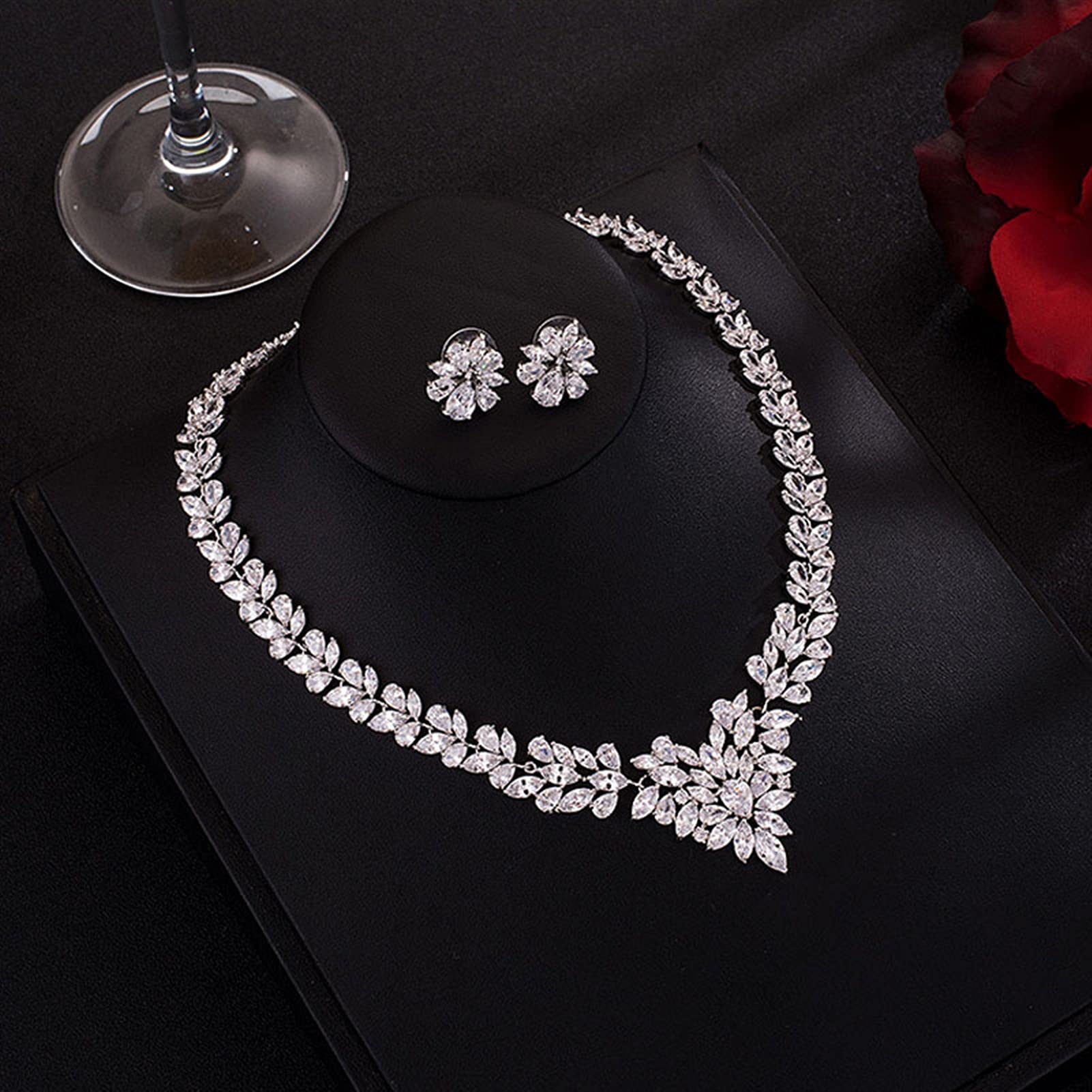 Joyería Joyería de Traje de Fiesta de Boda Hoja Brillante Zirconia cúbica Pendientes de Perno Conjuntos de Collar