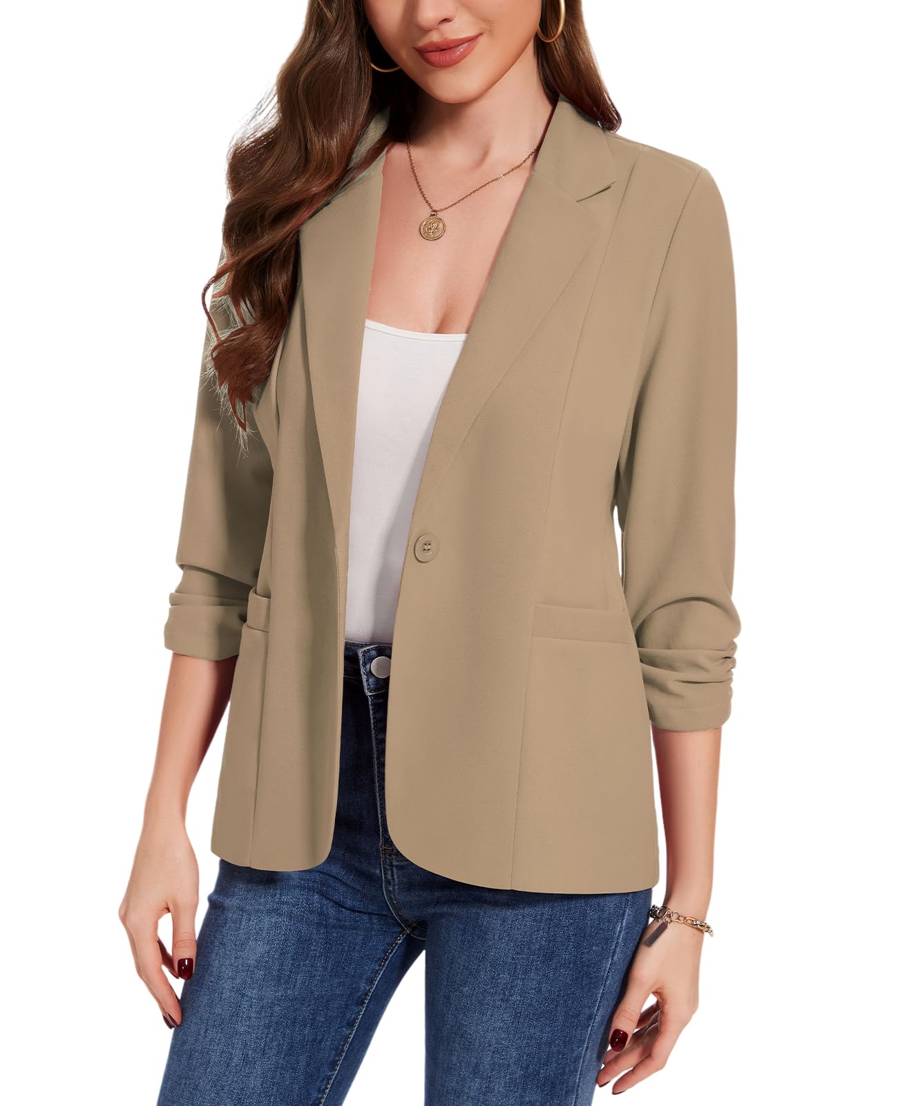 MINTLIMIT Womens Casual Blazers 3 4 Ruched Sleeve One Button Blazer Lapel Collar Business Office Suit Jacket with