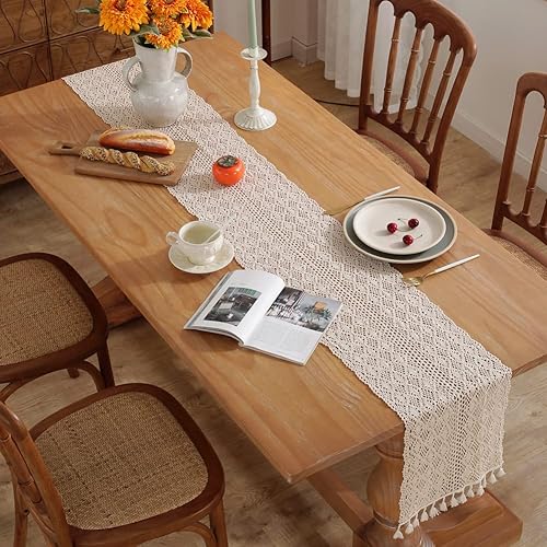 Miniatura 8 de meioro Camino de mesa de encaje de ganchillo, 12 x 72 pulgadas, caminos de mesa de algodón bohemio con borlas, decoración rústica de mesa de granja