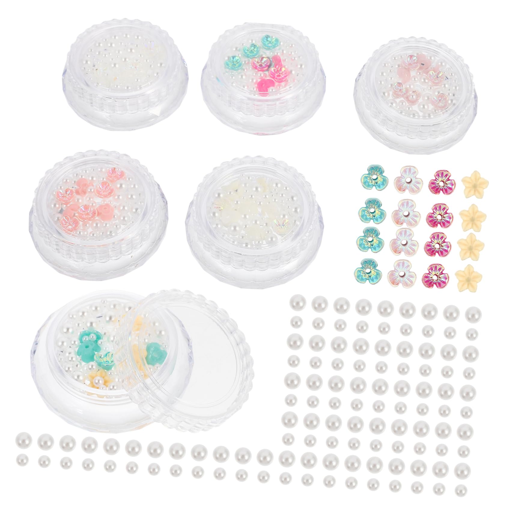 Healeved Manicure Ornaments Set 6 Packs of Nail Art Supplies Pearl Steel Bead Flowers Charm