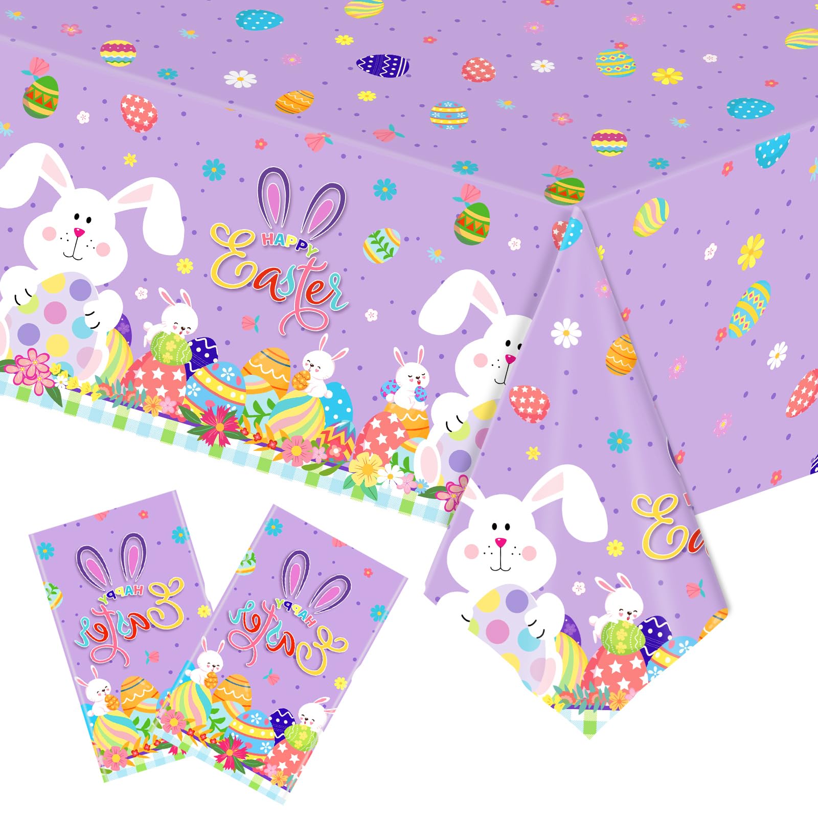 Easter Tablecloth Disposable Plastic Easter Bunny Eggs Table Cloth Easter Table Cover for Spring Outdoor Birthday Baby Shower Party Supplies Decorations (2PCS,Purple,54x108 Inch)-image-38