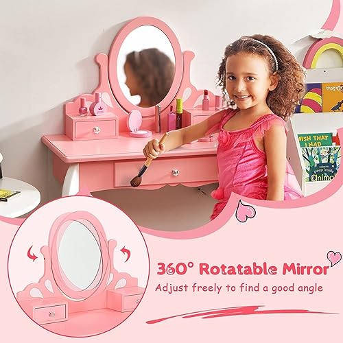 Miniatura 4 de KOTEK Juego de tocador para niños con espejo y taburete, tocador de madera de princesa 2 en 1 con espejo giratorio de 360, parte superior
