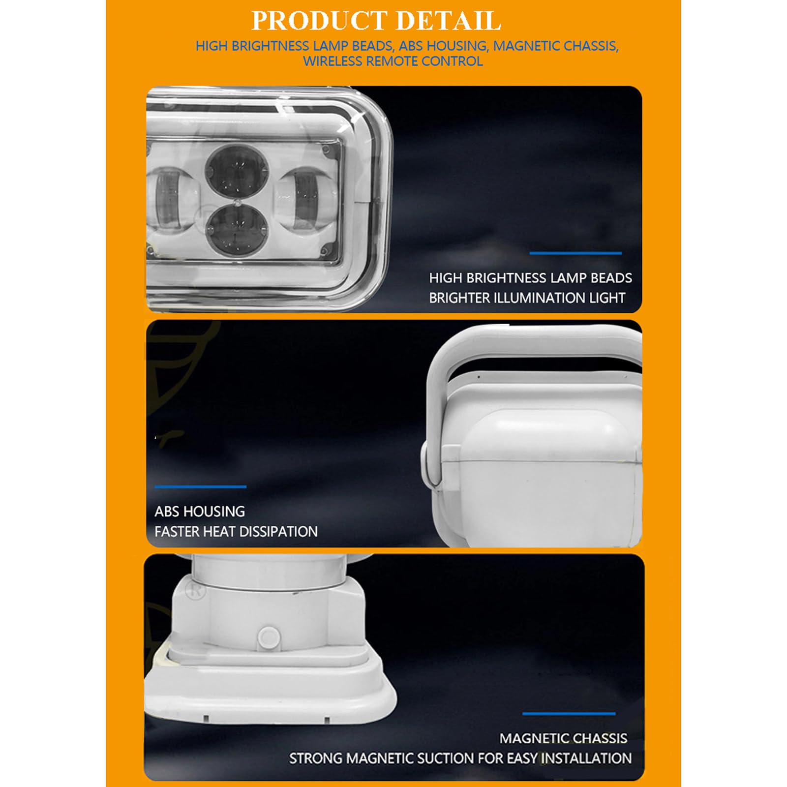 Projecteur LED Haute luminosité/projecteur de Recherche pour Voiture avec télécommande sans Fil, Rotation à 360° 12/24 V, pour véhicules et navires,Black