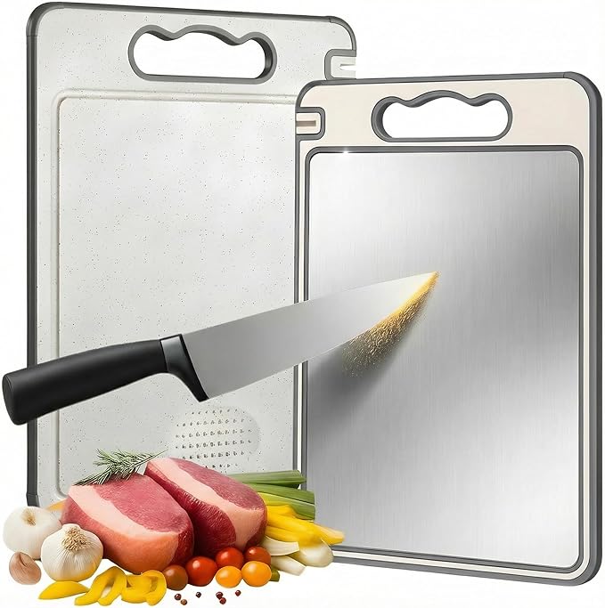 Tábua de Corte Dupla Face Inox 304 e PP, 36,5x25cm, com Afiador Integrado e Alça, para Cozinha e Churrasco