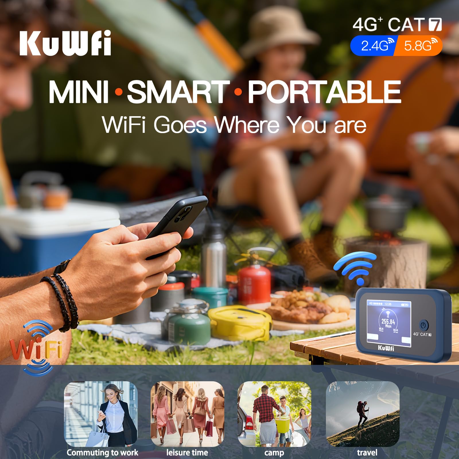 KuWFi Routeur WiFi 4G+ Portable, Hotspot LTE Cat7 Débloqué pour Voyage | Routeur WiFi Double Bande 300 Mbps, Batterie 3000 mAh, Carte SIM 2 Go Incluse, Idéal pour Camping-car, Voyages et Télétravail