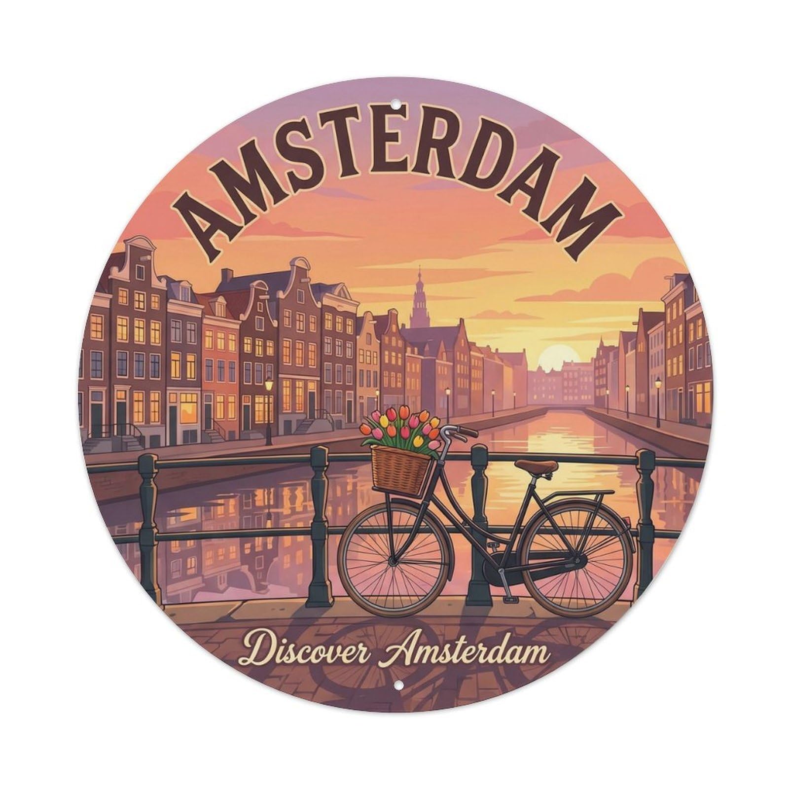 Amsterdam Landmark Canal Waterfront City Europe Classic Metal Tin Sign Plaque Wall Decor for Cafe, Man Cave, Club Bar, Office, Home Garden Round Metal Poster 8x8Inch