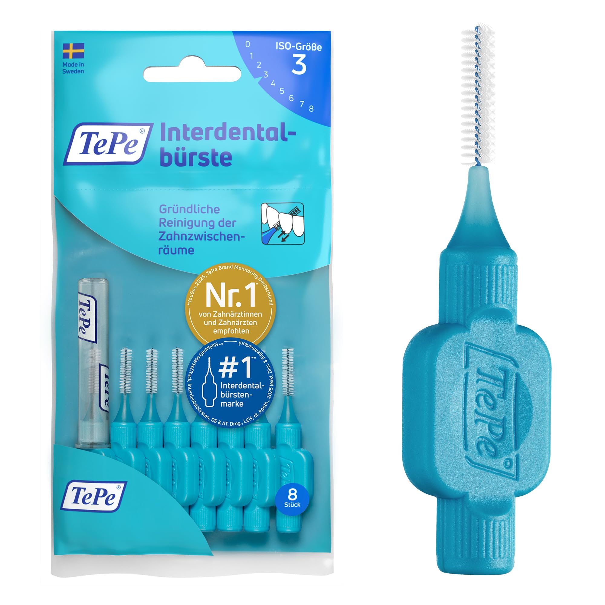 TePe Original Blue 0.6mm ISO 3 Interdental Brush 8 Pcs Plaque Removal Efficient Clean Between Teeth for Medium Gaps