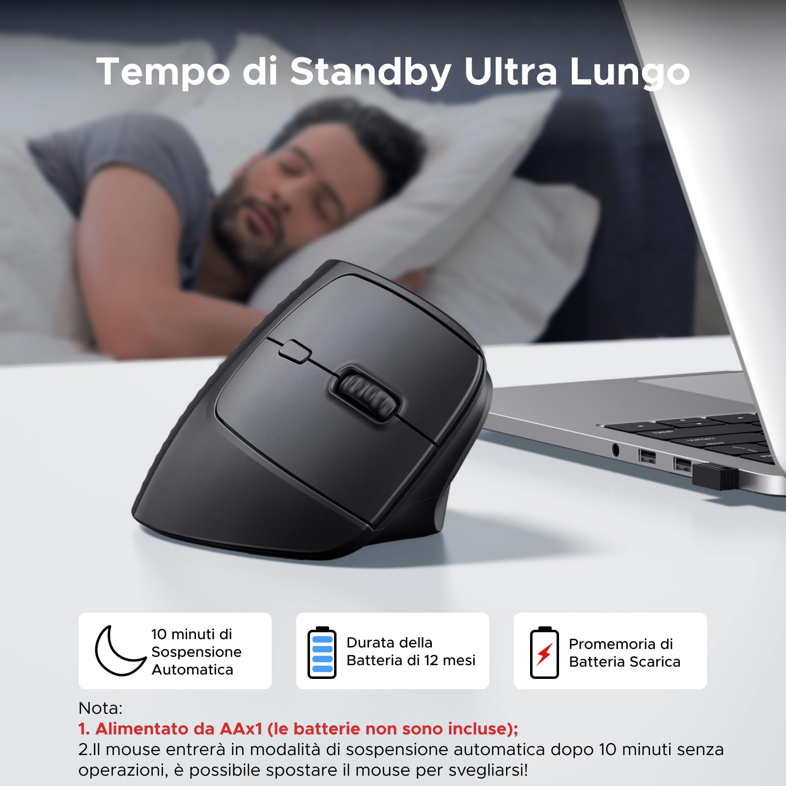 UGREEN Mouse Verticale Wireless 2,4G e Bluetooth 5.4 Silenzioso 4000 DPI | Ergonomico Compatibile con Windows macOS Linux