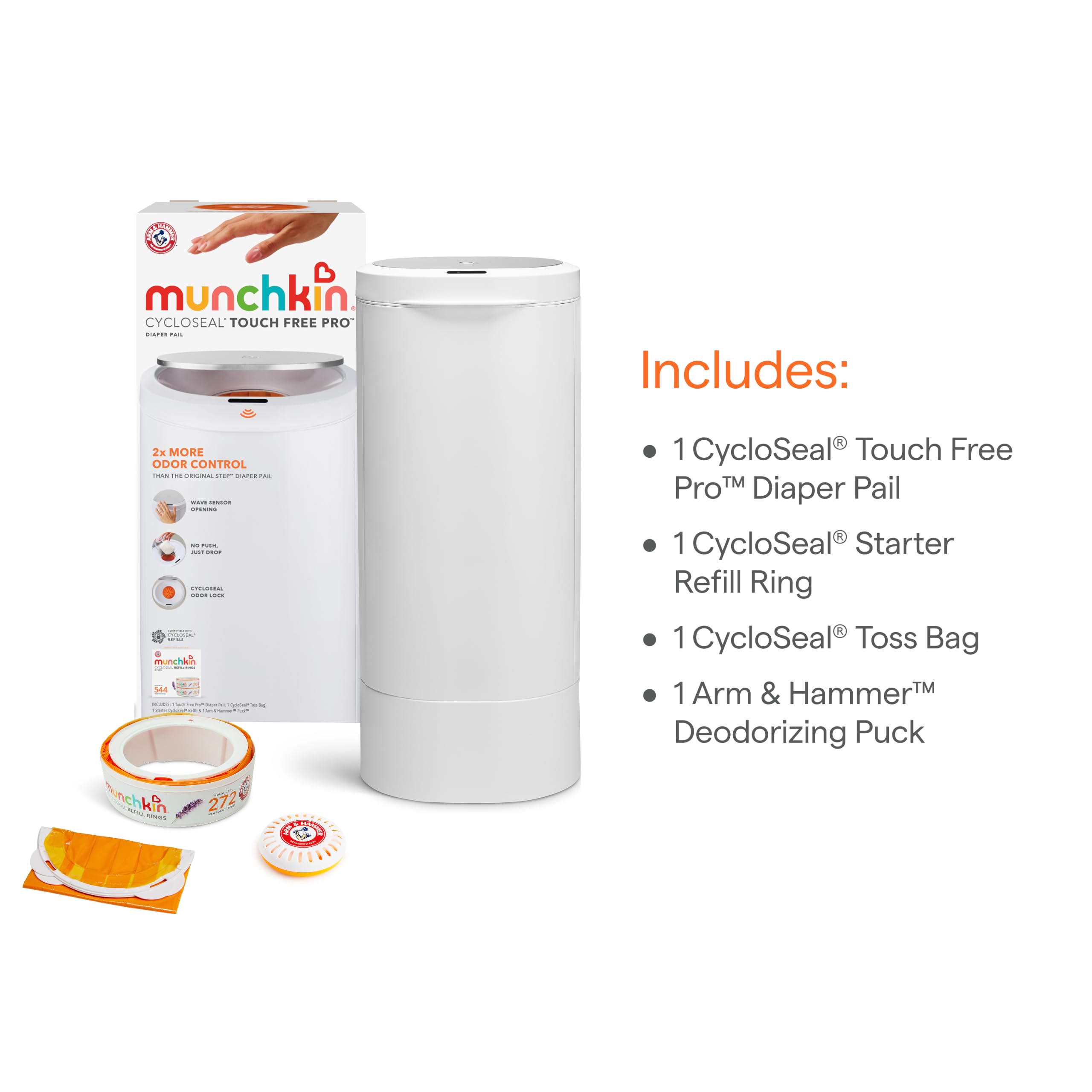Munchkin CycloSeal Touch Free Pro - Cubo de pañales alimentado por Arm