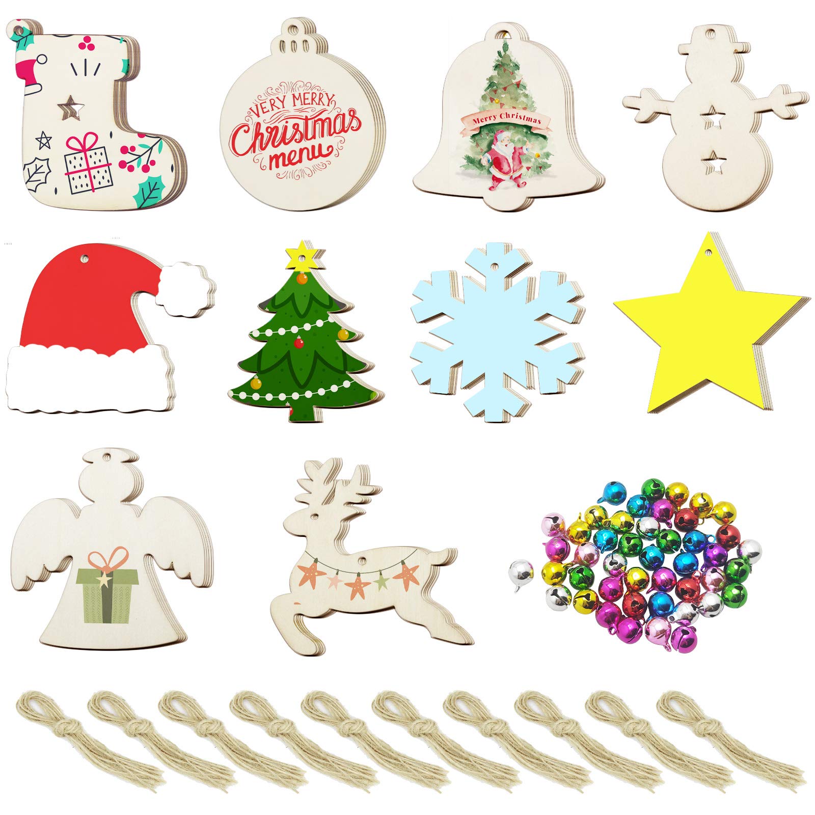 50PCS Unfinished Christmas Wooden Ornaments, 10 Styles Unfinished Craft Wood Ornaments Set with 50PCS Colorful Bells DIY Craft Making for Holiday Decoration