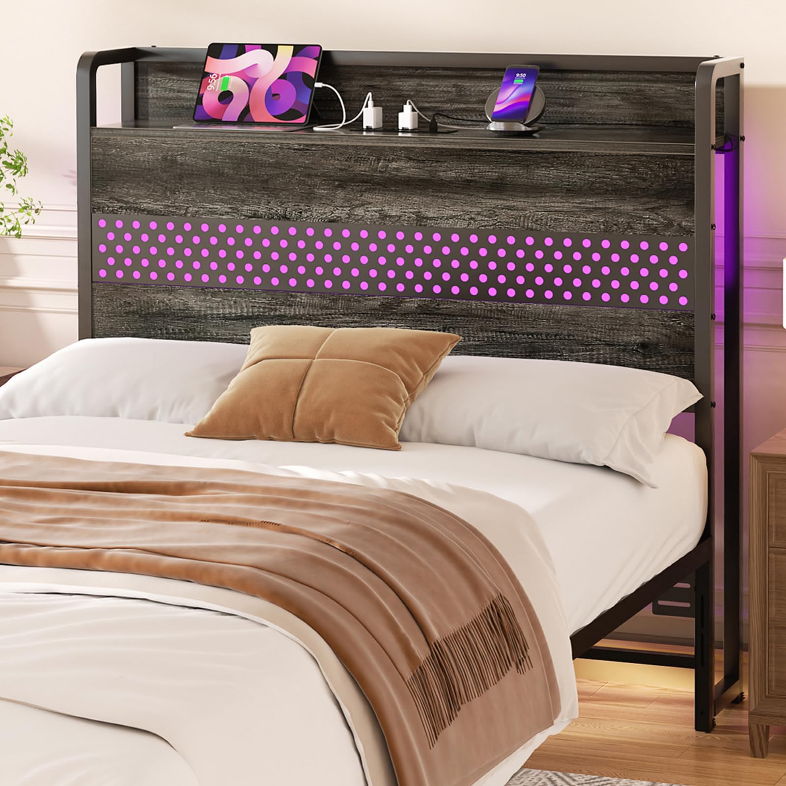 Aheaplus Headboard for Twin Size Bed with USB Ports, Outlets and LED Lights, Twin Headboard with Storage Shelf, Sturdy Metal Frame, Height Adjustable, Bed Frame Mount, Grey Oak