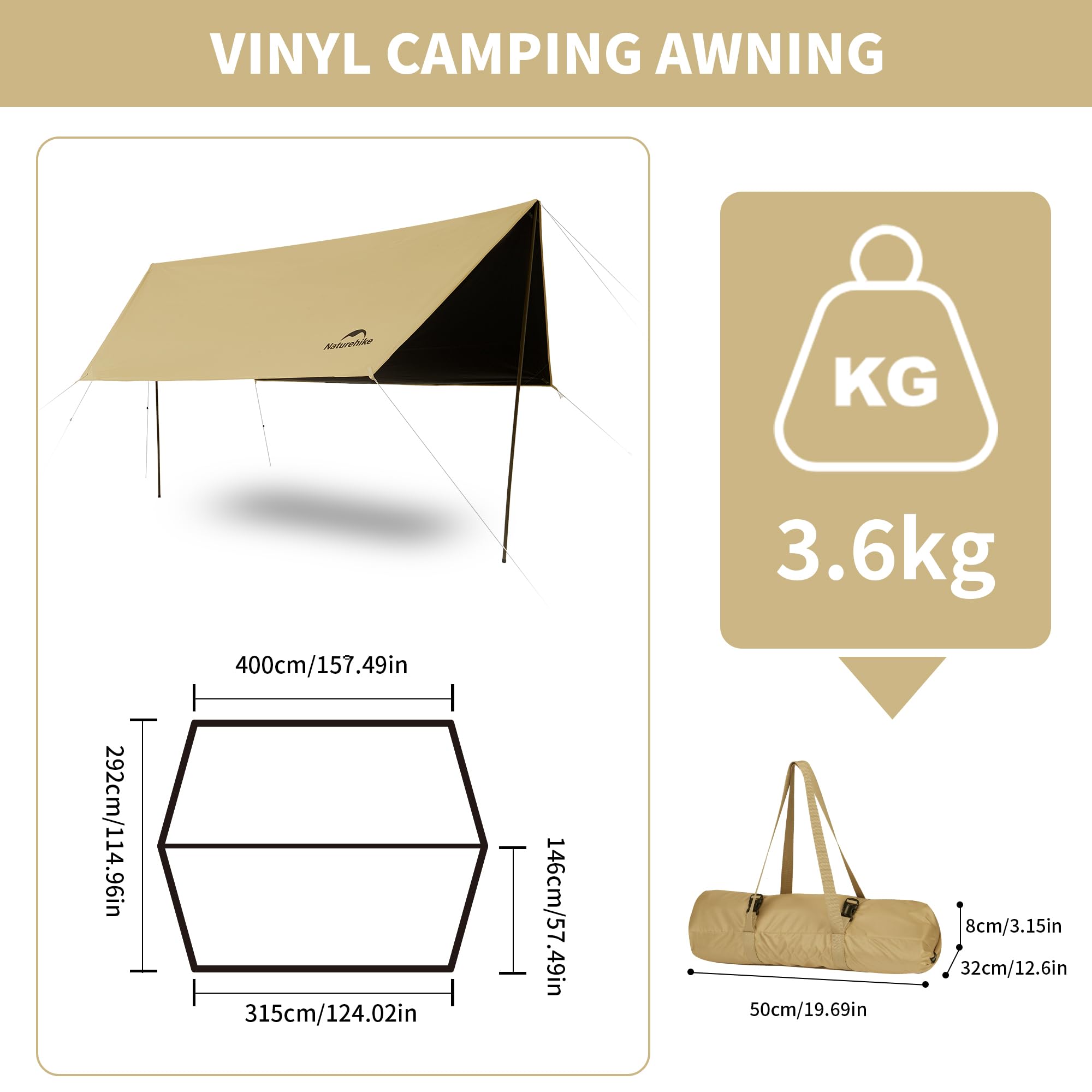 Telo Da Campeggio Naturehike, 500x292 Cm, Impermeabile 3000 Mm, Anti-UV, Con Rivestimento Argentato, Per 10-12 Persone