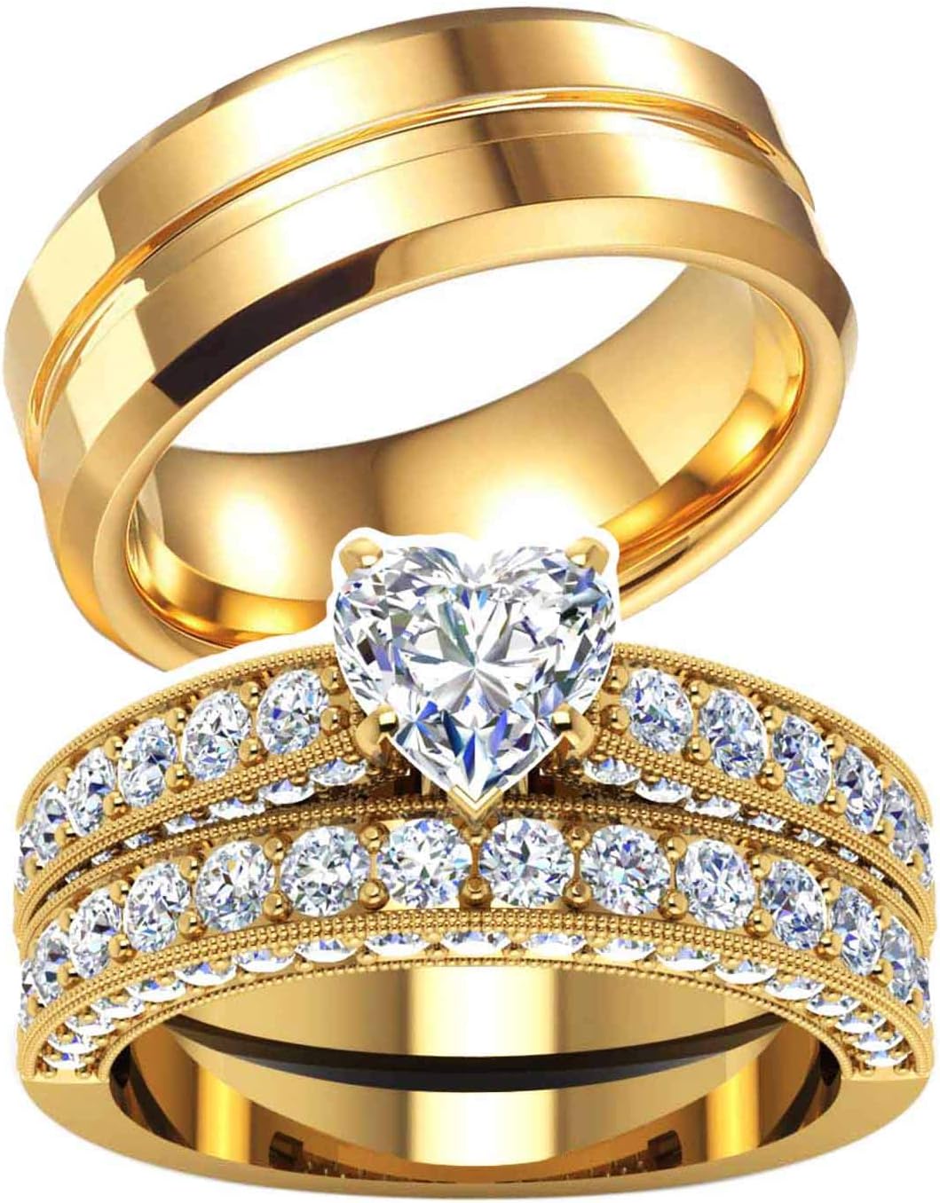 TWO RINGS His Hers Wedding Ring Sets Couples Rings Women's 10k Yellow Gold Plated White heart CZ Wedding Engagement Ring Bridal Sets & Men's Titanium Wedding Band