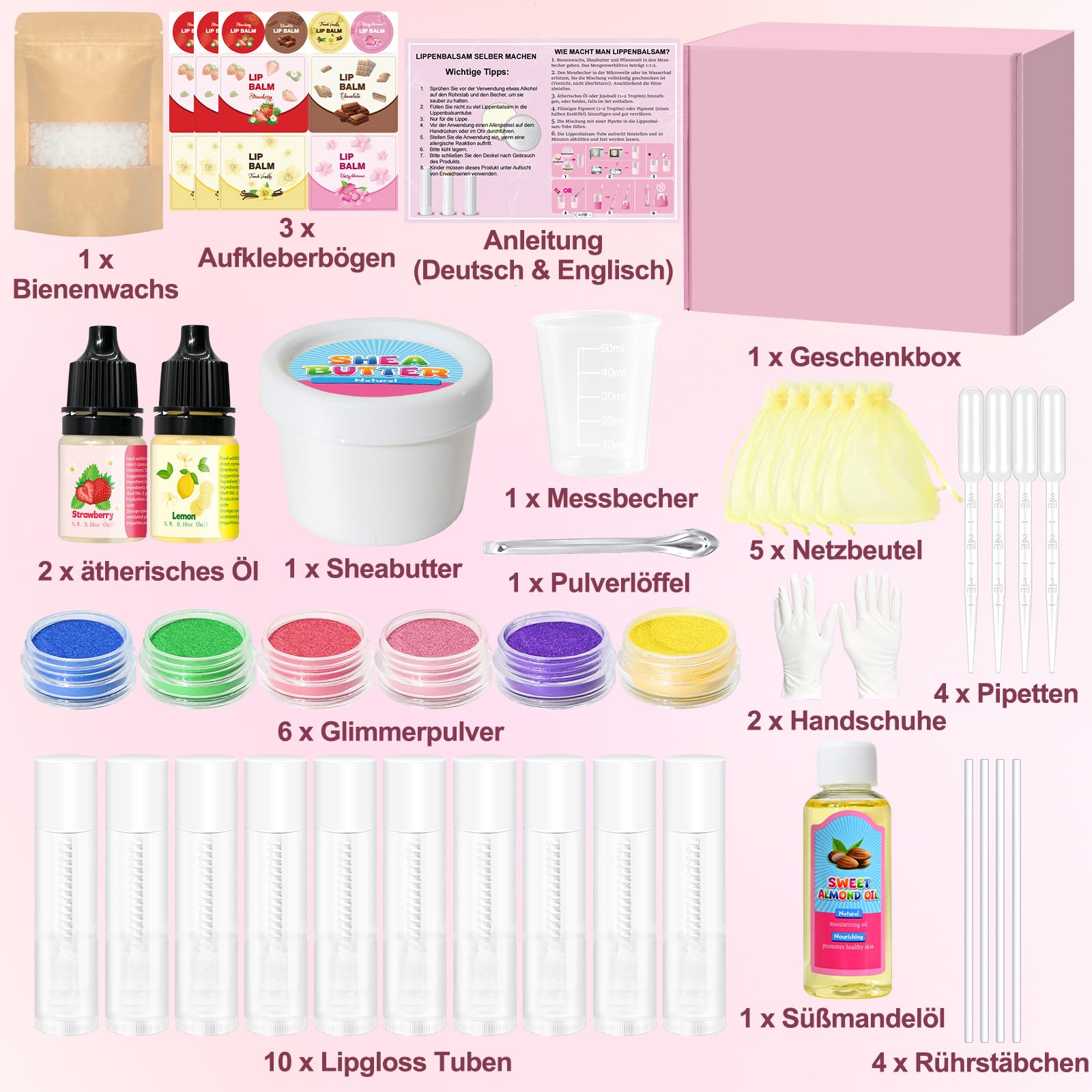 Lipgloss Selber Machen, Vezerd Lippenbalsam Making Kit, Mädchen Kreative Basteln Erwachsene Lip Gloss Lippenstift DIY Herstellungsset Set, Lustiges Make Up Mädchen Geschenk Für Frauen/Damen
