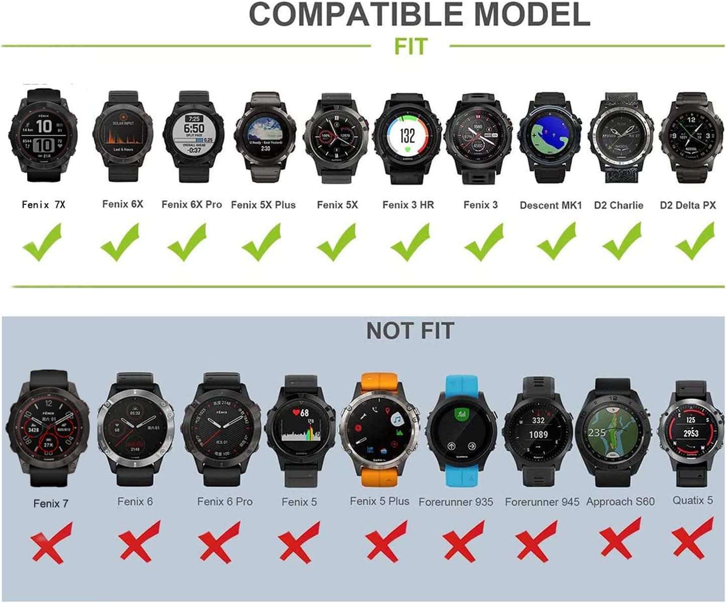 Easy Fit 26mm Silicone Watch Band Replacement Compatible with Fenix 7X 6X 5X Band, Garmin Fenix 5X Fenix 6X Fenix 7X Descent Mk2 Smartwatches Fenix 5X Plus/Fenix 3/Fenix 3 HR
