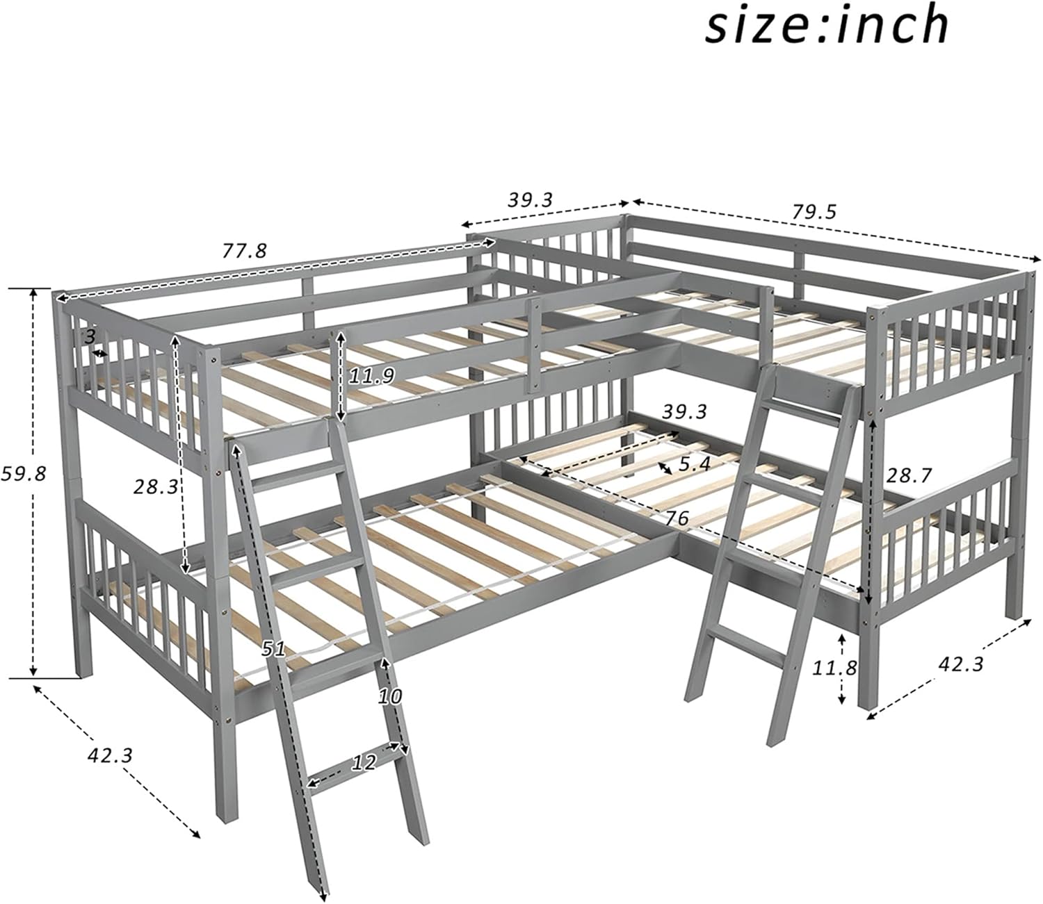 P PURLOVE Twin Over Twin Bunk Bed, L-Shaped Twin Size Bunk Bed Frame Wood Slat Support No Box Spring Needed (Gray)