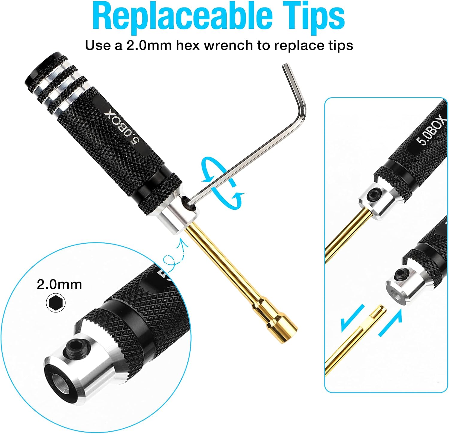 4.26 Inch Mini 7pcs Hex Nut Screwdriver Set, Hexagonal Head Nut Driver Set, Durable Hex Socket Set RC Tools Kit with Replaceable Tips (2.0-5.0) mm for 1/24 &1/18 RC Car Truck Hobby Repair