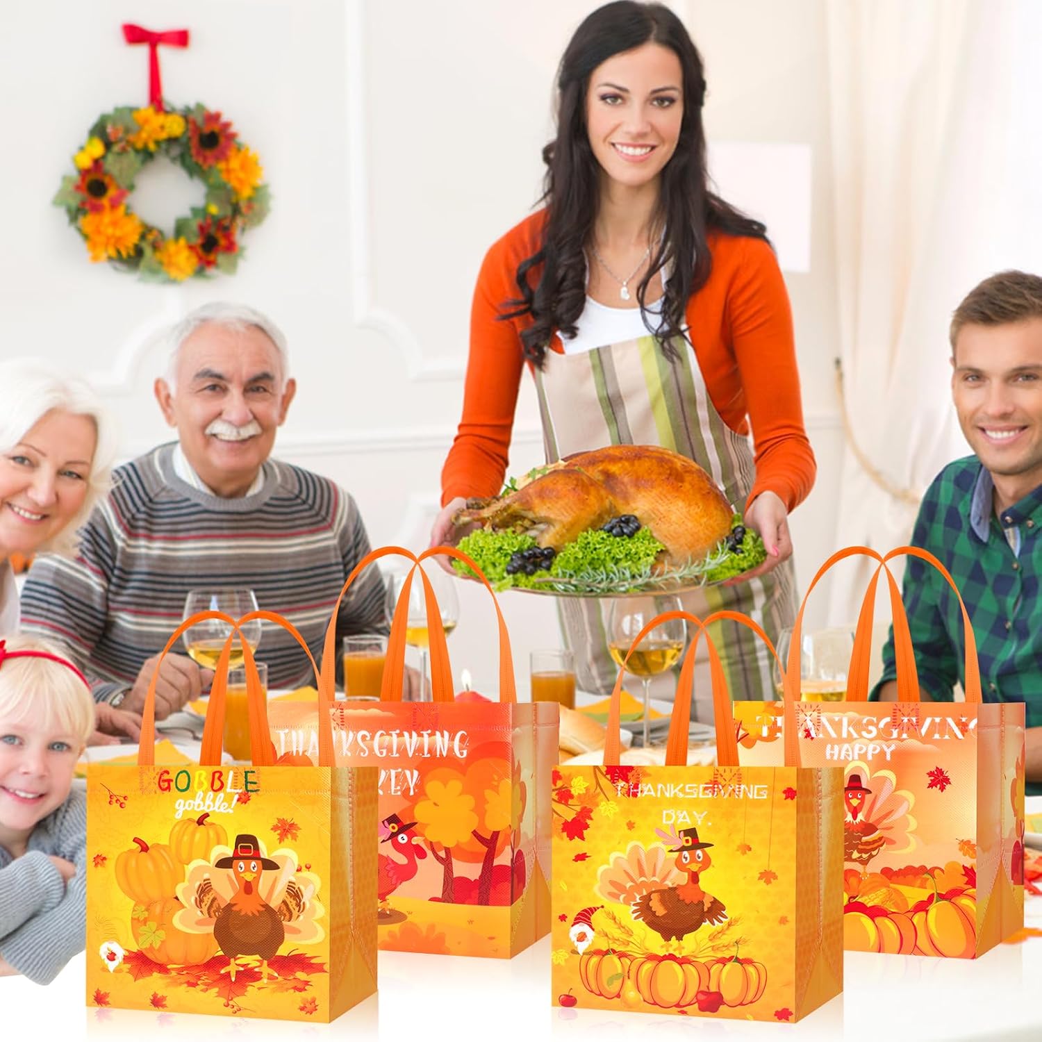 HOWAF 12Pcs Thanksgiving Gift Bags with Handles, Reusable Thanksgiving Tote Bags for Thanksgivings Day & Party Favors, Non-woven Thanks Giving Bag, Tuekey Themed Treat Bags - Image 4