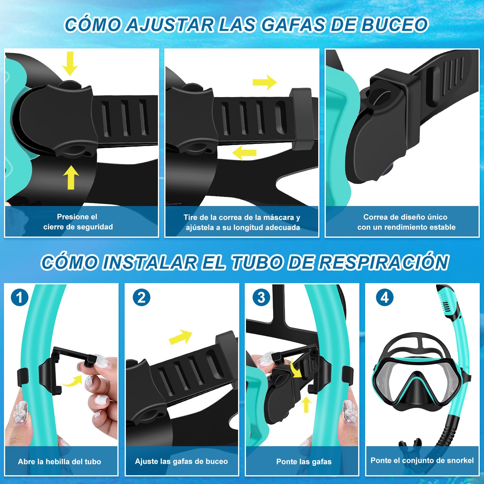 IEEILULU Set de Snorkel para Adulto, Esnórquel Settauch Set con Gafas de Buceo, Tubo de Respiración Semiseco y Aletas Ajustables, Snorkel Set para Adulto Aventura Submarina