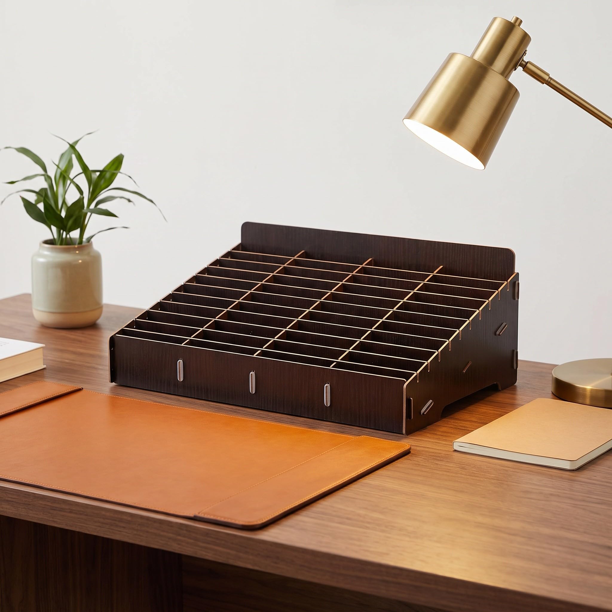 Kisangel Caja organizadora de Madera con 48 Ranuras para Teléfonos, Soporte Inclinado Color Marrón Oscuro, Estante para Almacenamiento de Móviles en Aula, Oficina o Sala de Reuniones