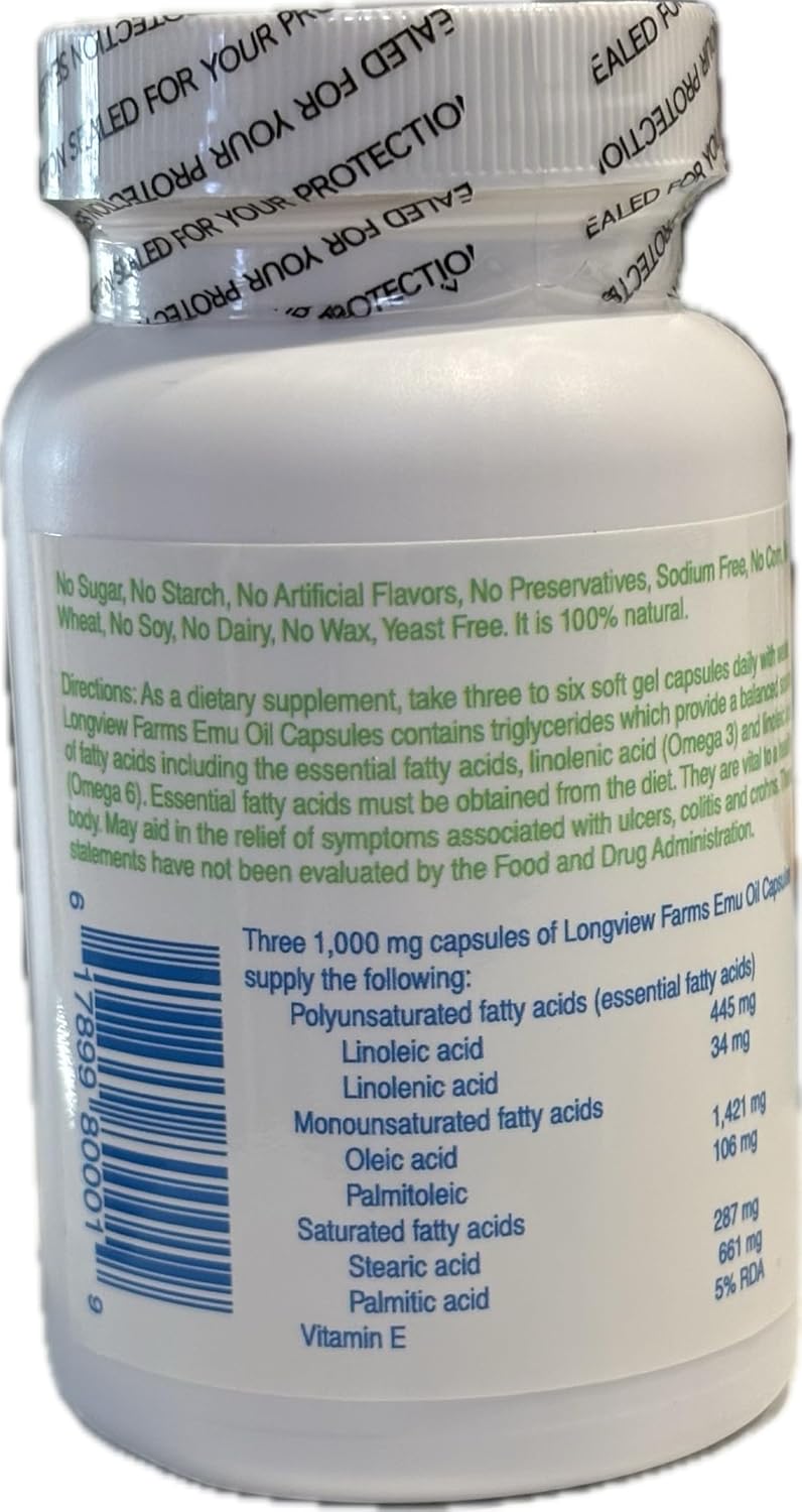 Longview Farms® Emu Oil Gel Capsules | 100% Pure Emu Oil for Skin Health, Mobility, and General Wellness | Natural Omega 3, 6, 9, and Essential Vitamins | 60 Capsules - Image 9
