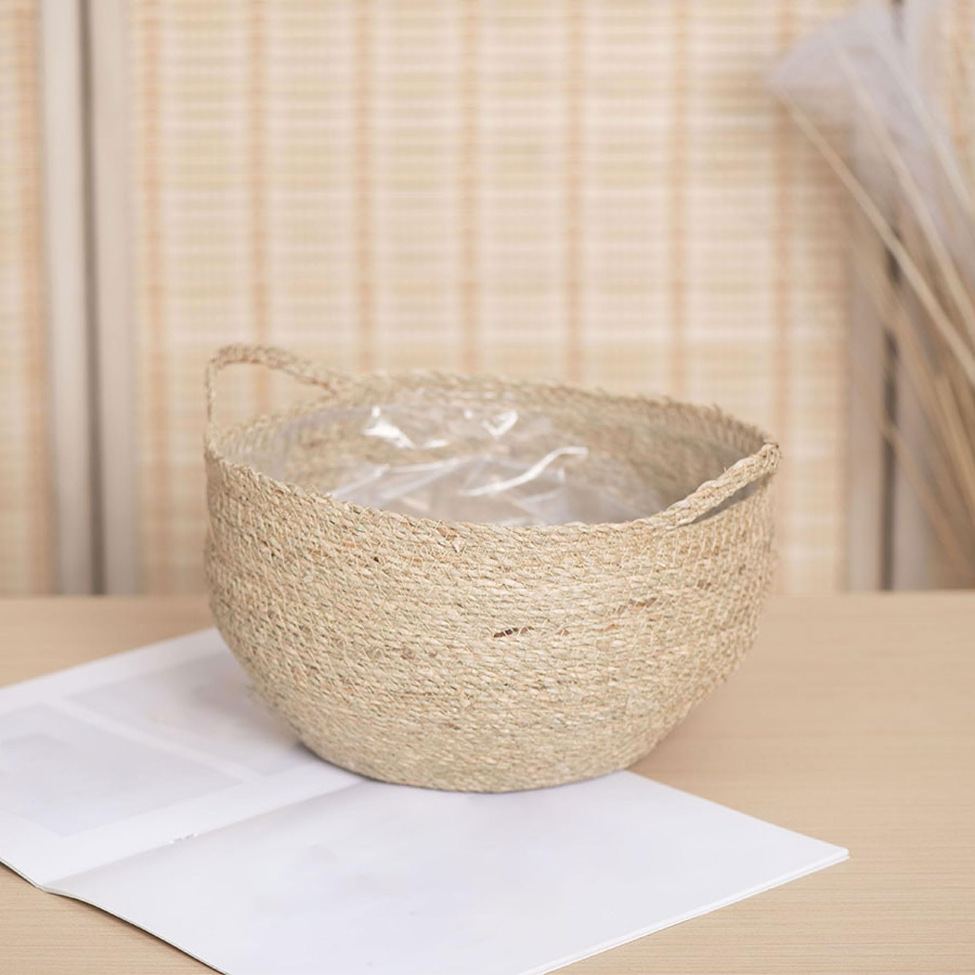 1 Pot en Jonc avec Doublure Plastique, Panier Tressé en Osier pour Plantes, Cache-Pot Rustique, Contenant Naturel pour Décoration Maison(Size:Moyen)