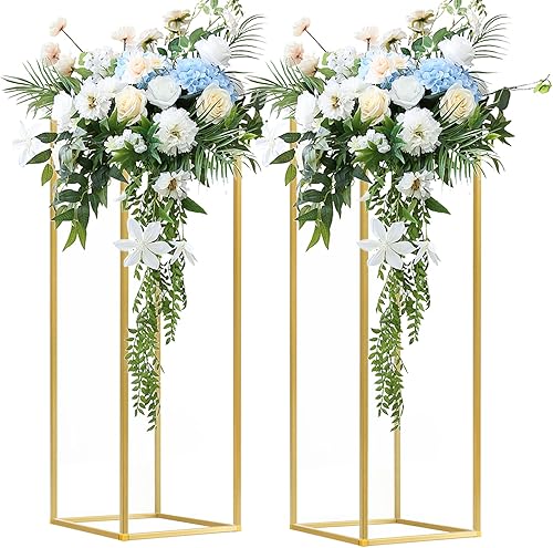 Fitous 2 piezas de 31.5 pulgadas31.5 in de alto oro soporte de flores de metal columna geométrica centro de mesa, centros de mesa de boda, jarrones