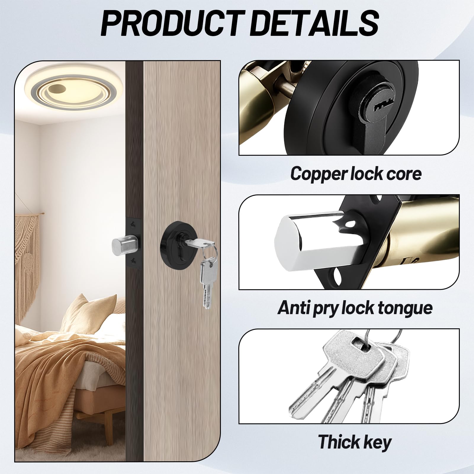 Single Cylinder Deadbolt Black Round Security Door Lock with Key, Zinc Alloy Deadbolt, Standard Size for Bathroom Bedroom - Image 3