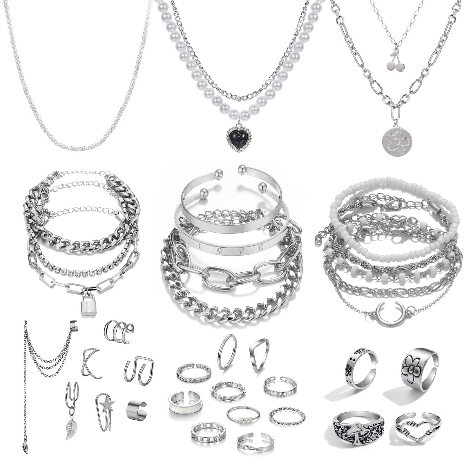 36 Stück Silberplattiertes Schmuckset mit 3 Halsketten, 12 Armbändern, 7 Ohrläppchen Ohrringen, 14 Knöchelringen für Frauen und Mädchen als Geschenk für Valentinstag, Jahrestag,