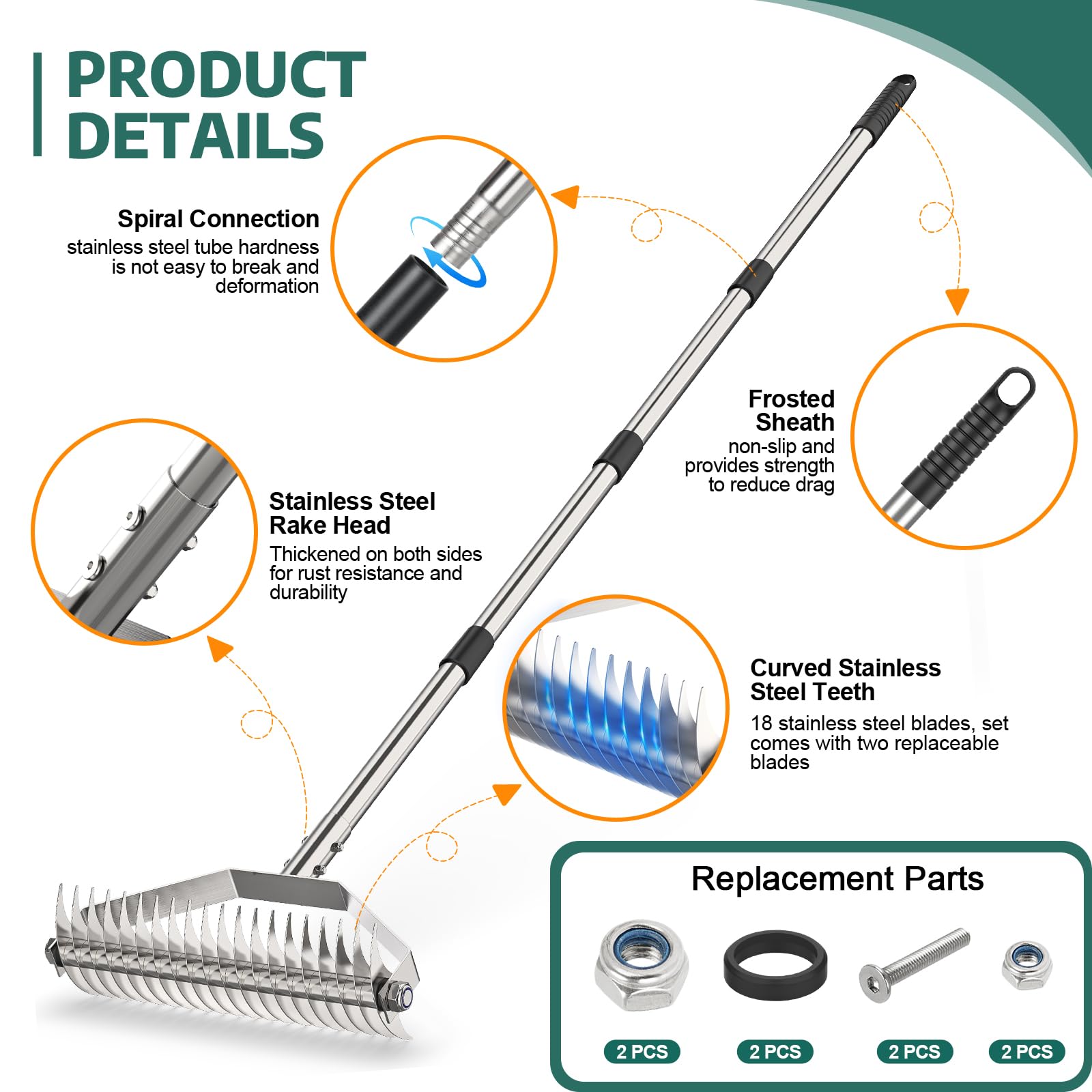 Rastrillo nivelador de césped de 36" x 10", nivelador de césped de metal resistente con mango largo ergonómico de 77", herramienta niveladora de césped, rastrillo paisajístico para jardín, patio, cé