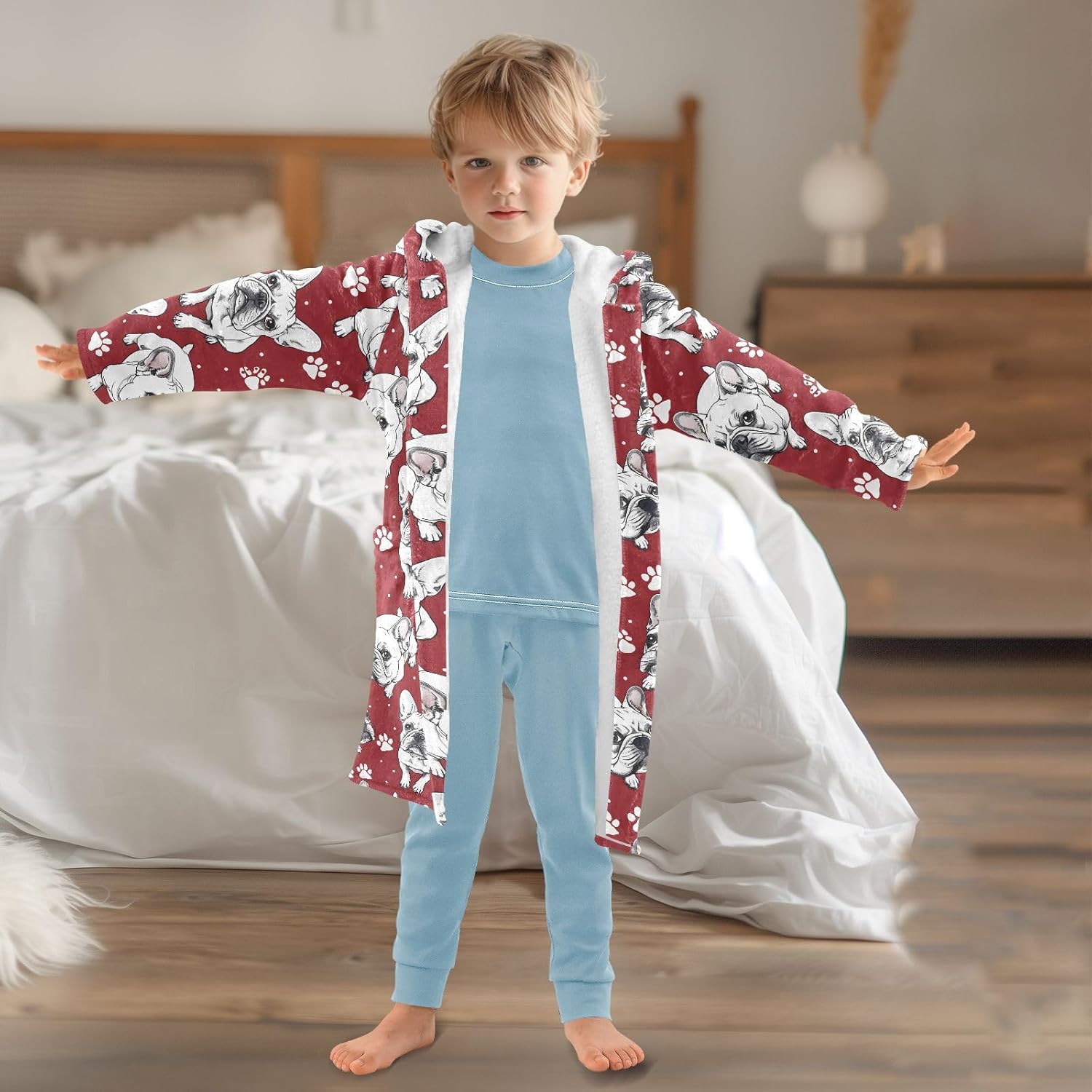 senya Bulldog Gery on Red Toddler Hooded Bathrobe Kids Soft Plush Bath Towel Robes for Boys Girls 2-12 Years
