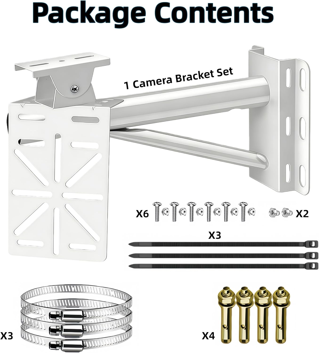 CCTV Security Camera Mount Bracket - Pole/Wall Mount with Solar Panel Holder, Dual Camera Compatible, Heavy-Duty Steel Tripod Structure, 30cm Stainless Steel Hose Clamps Included