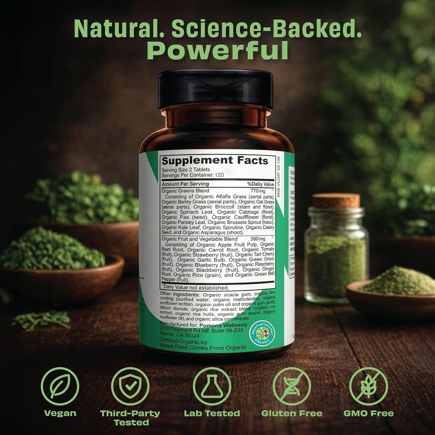 Pomona Wellness Super Greens Supplement, Full of Superfood Vitamins & Minerals, Fruits & Vegetable, Greens Powder for Bloating and Digestion, Gut Health, USDA Organic, Non-GMO, 120 Tablets - Image 2