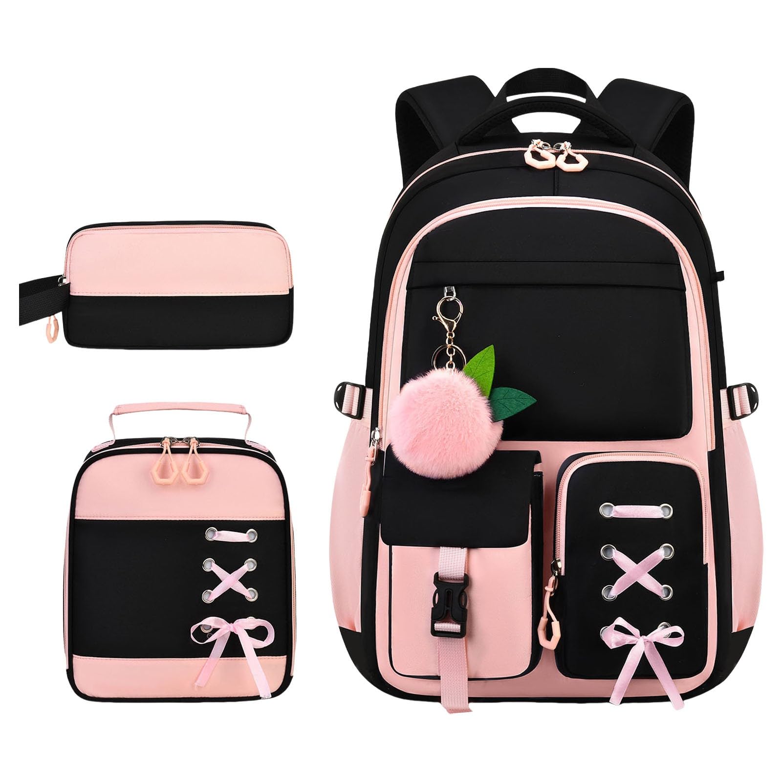 Juego de mochila escolar para niños con bolsa de almuerzo, estuche para lápices, práctica mochila para niños, bolsa cómoda para la escuela primaria, Pink, Talla única, Clásico