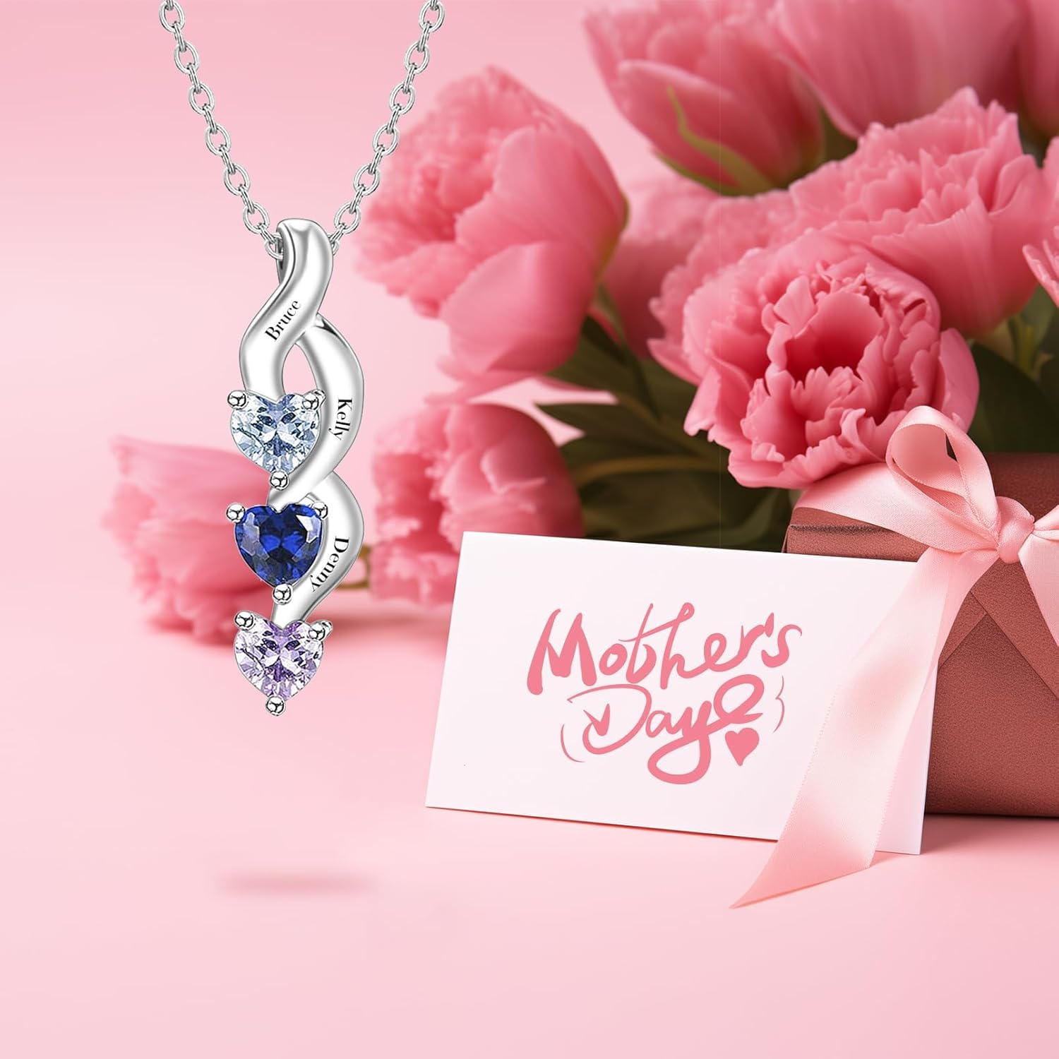 ORFAN Personalized Sterling Silver Mothers Name Necklace with 1-6 Simulated Birthstones Custom Heart Pendant Necklace Personalized Mom Necklace for Christmas