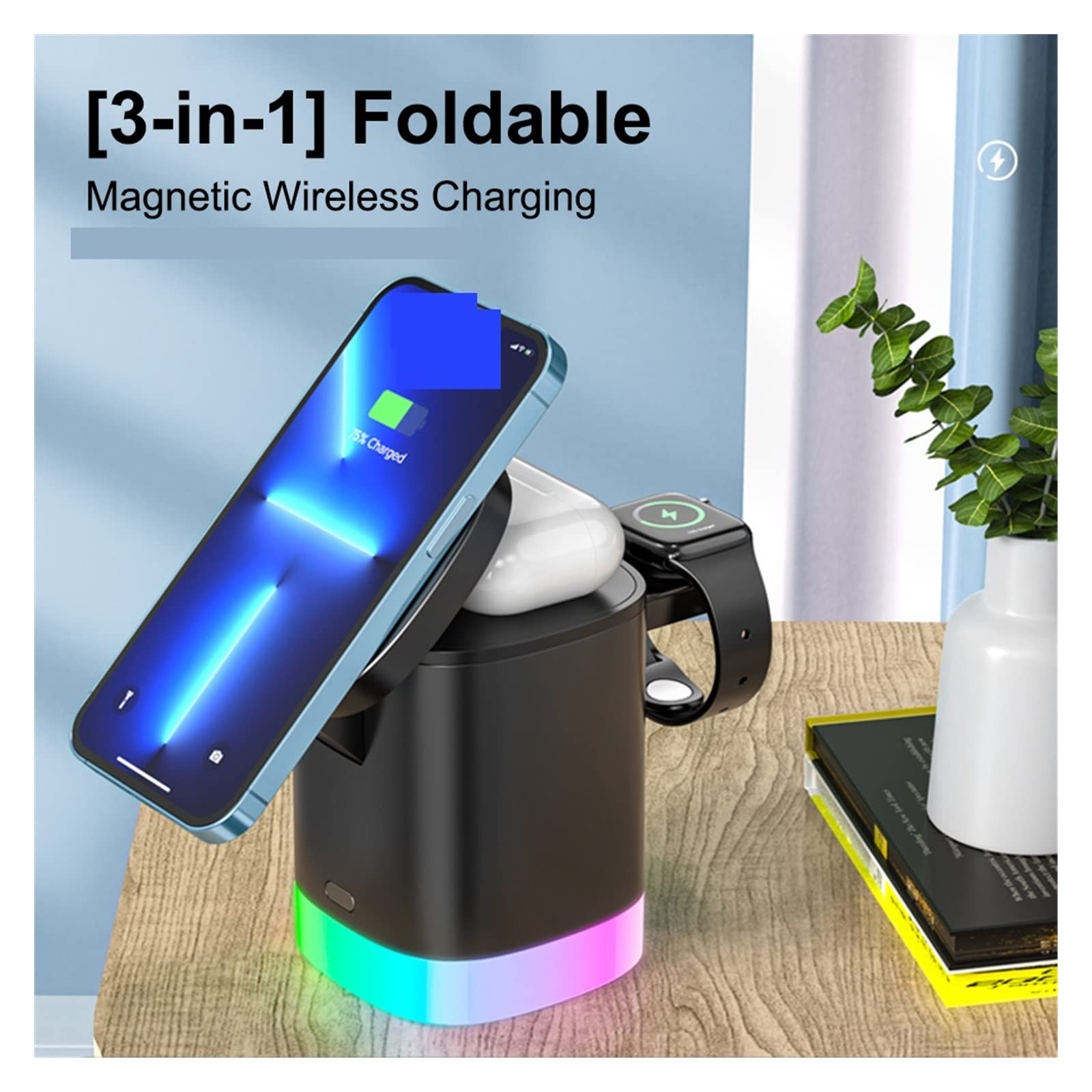 Bezprzewodowa ładowarka Magnetyczna bezprzewodowa ładowarka 3 w 1 Stojak Szybkie ładowanie LED Light Stacja dokująca do zegarka Słuchawki do telefonu(Nero)