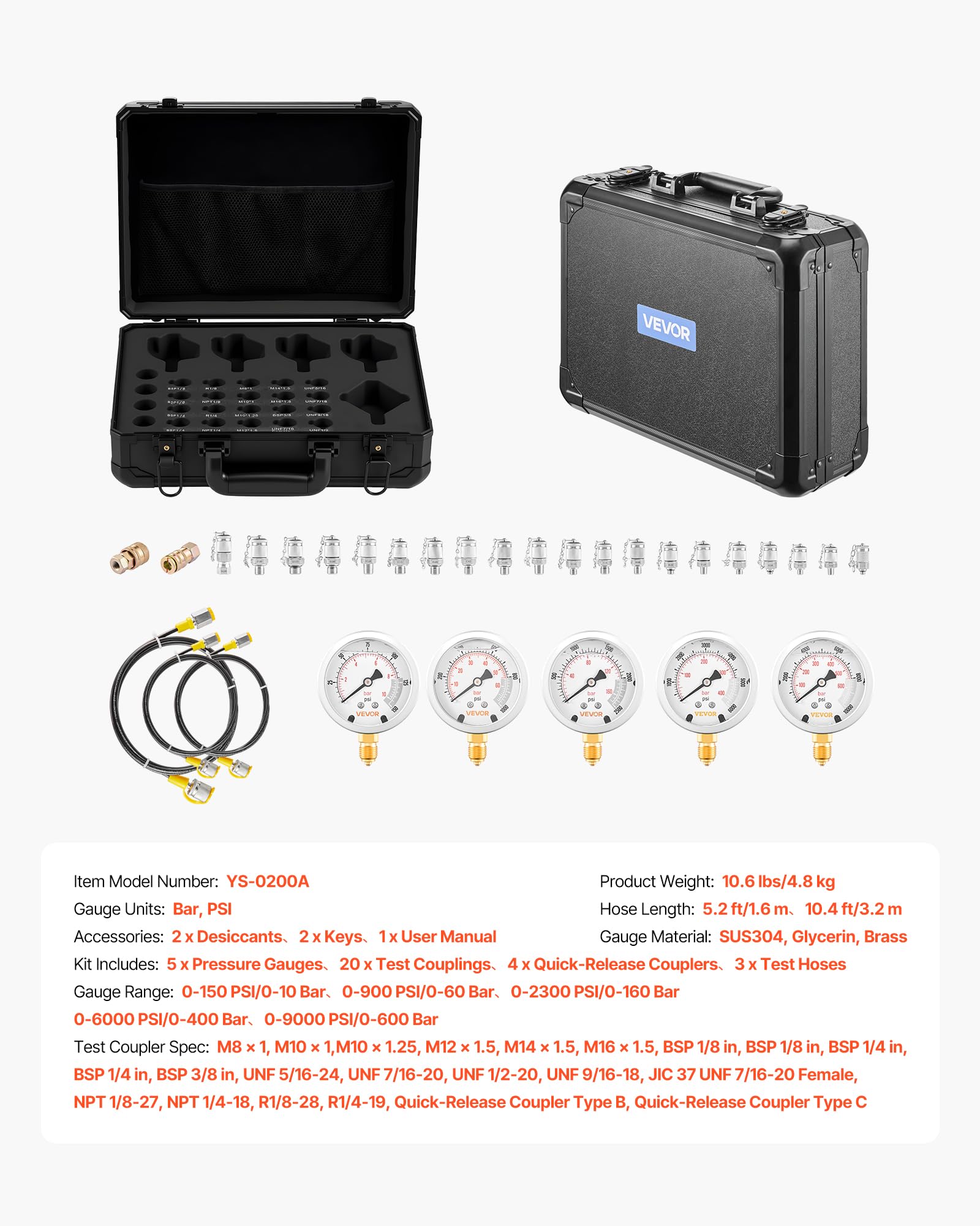 VEVOR Kit de Prueba de Presión Hidráulica, de 10/60/160/400/600 bar, Incluye 5 Manómetros, 20 Acoplamientos, 4 Acoplamientos Rápidos y 3 Mangueras para Excavadoras y Maquinaria de Construcción