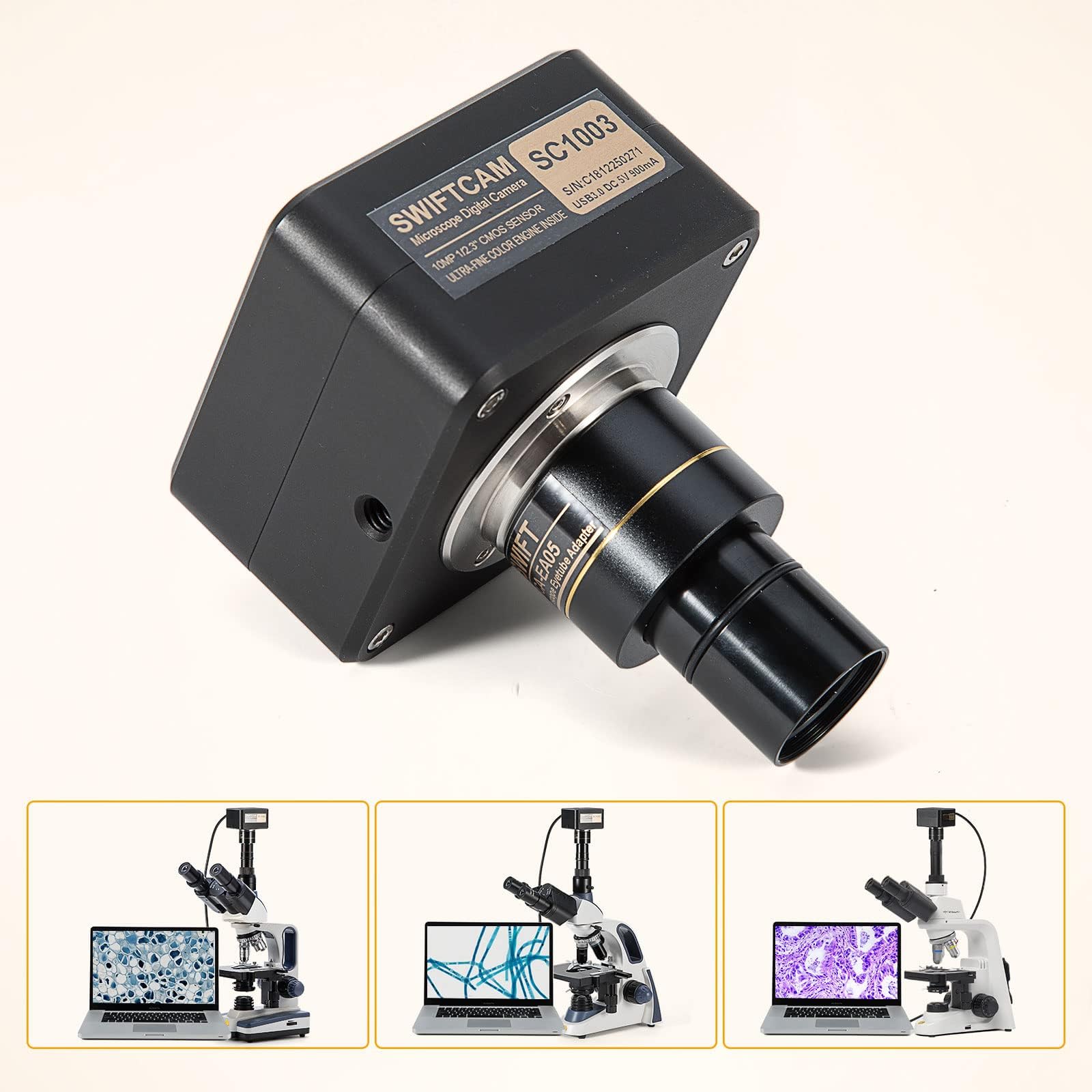 Swiftcam - Cámara de 10 Megapíxeles para Microscopios, con Lente de Reducción, Kit de Calibración, Adaptadores de Eyetube y Cable USB 3.0, Compatible con Windows/Mac/Linux