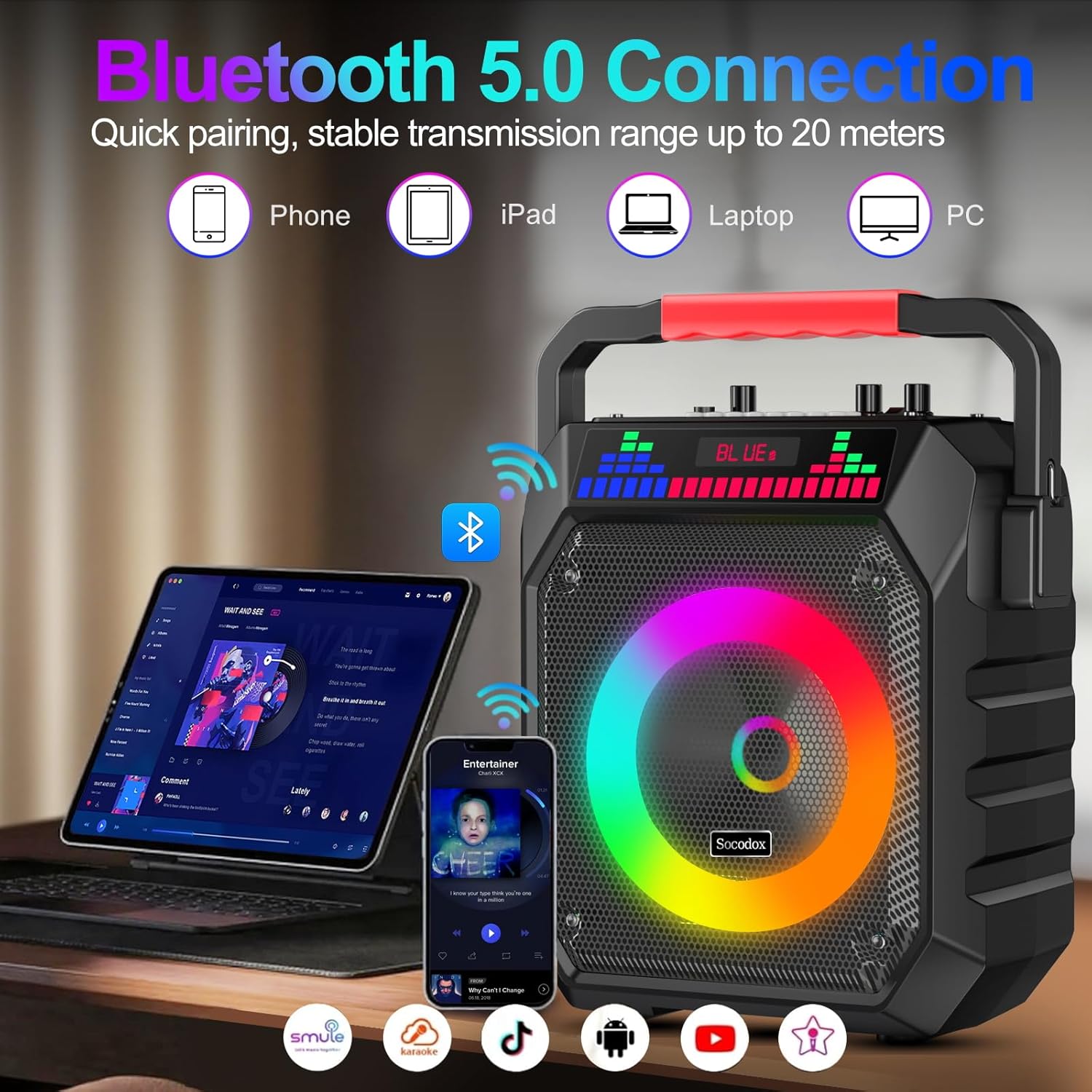 Karaoke Machine for Adults & Kids, Portable Bluetooth Speaker with 2 Wireless Microphones and RGB Lights, Home Karaoke PA System Supports Bluetooth/USB/TF/AUX for Family Party & Outdoor Fun - Image 2