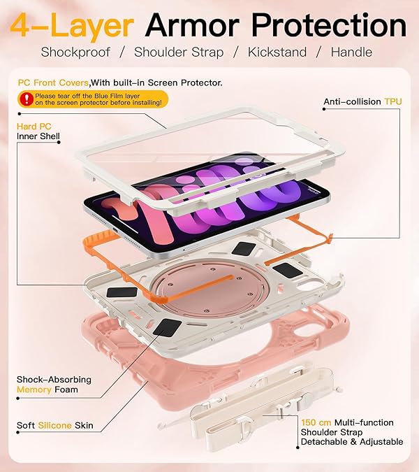 BRAECN Case for iPad mini 7 (A17 Pro) 8.3 Inch, iPad mini 6th Generation Case, Silicone Heavy Duty Protective Cover w/Screen Protector, Shoulder Strap, Pencil Holder, Swivel Handle Grip, Rose Gold by BRAECN - Image 6