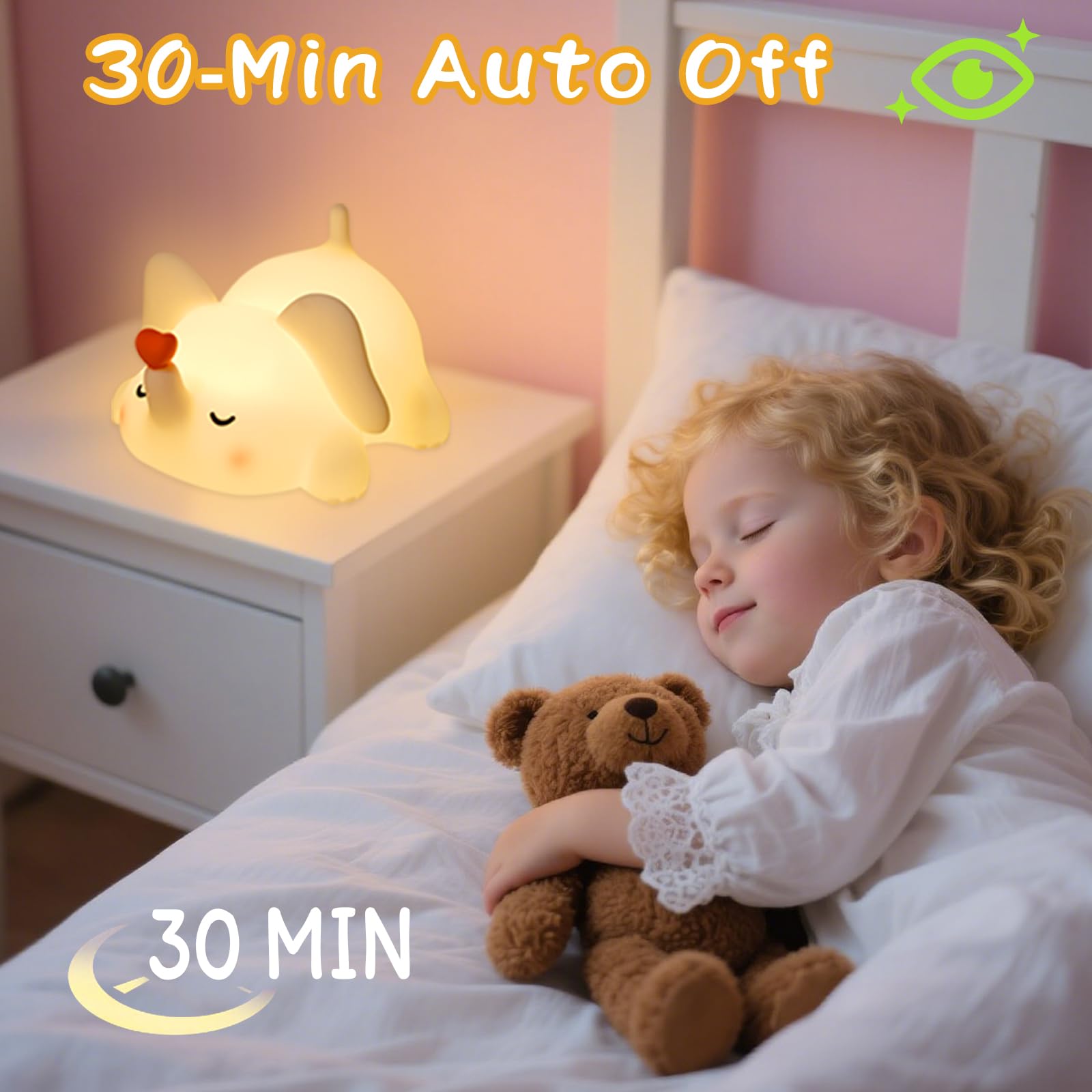 Elefant Nachtlicht für Kinder, Silikon Squishy Lampe mit Touch-Steuerung 3-stufig dimmbar, Auto-Off-Timer, wiederaufladbares Kinderzimmerlicht, Baby-Geschenk (weiches Weiß)