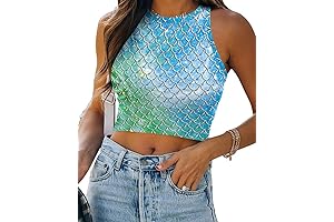 Women's Mermaid Print Crop Tank Tops Fish Scale 3D Printed Soft Summer Sleeveless Crop Top