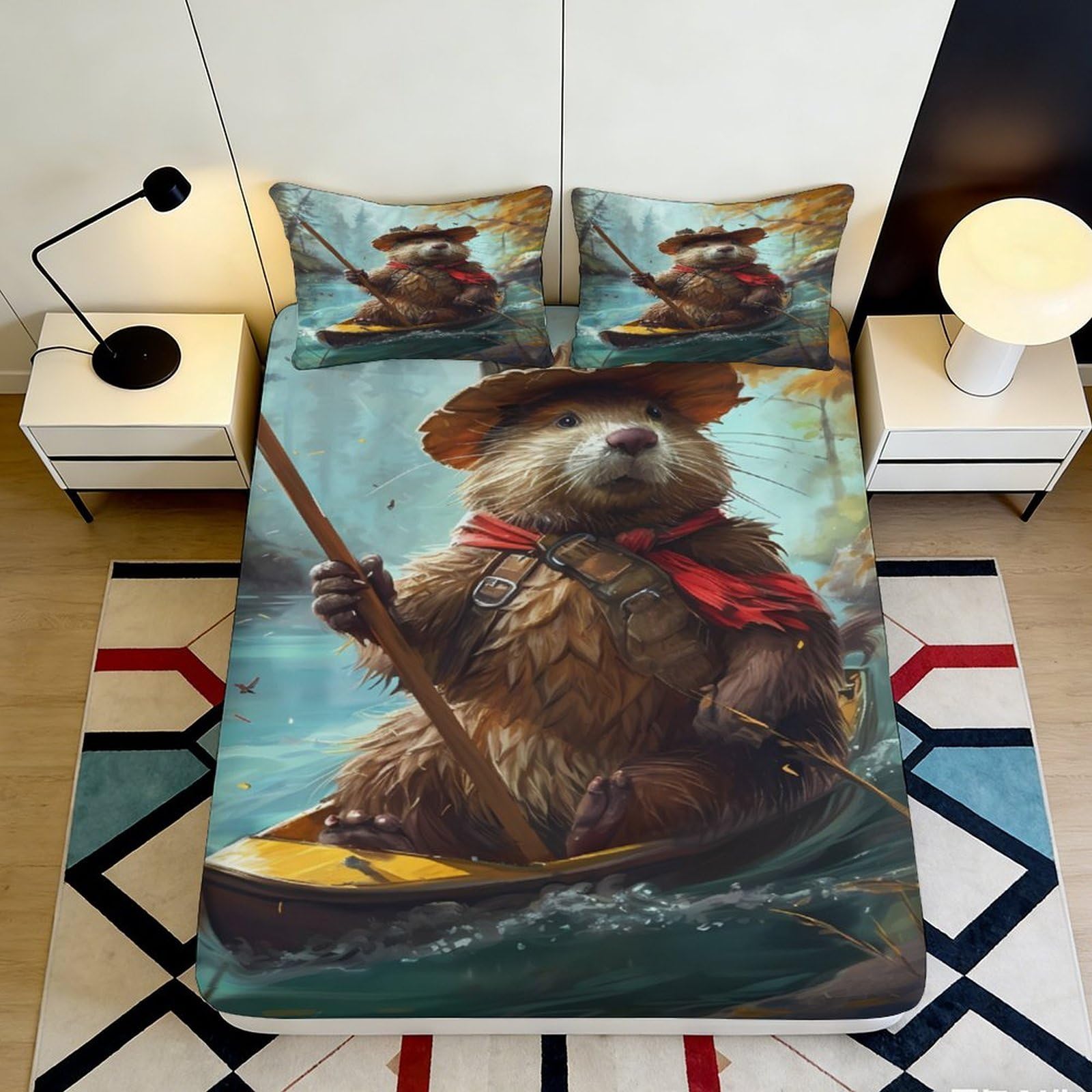 3D Printed Otter Kayak Fitted Sheet Microfiber Soft Durable Adventure Bed Cover for Bedroom Dormitory Guest Room Mattress Protection 140x200x25cm