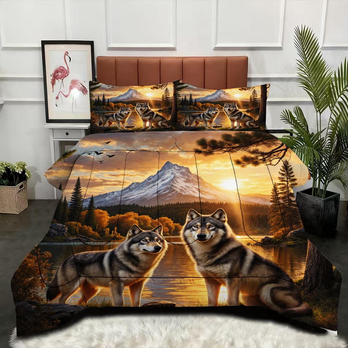 Couette 220x240 loup parure de lit 4 saisons avec 2 taies d'oreiller 65x65