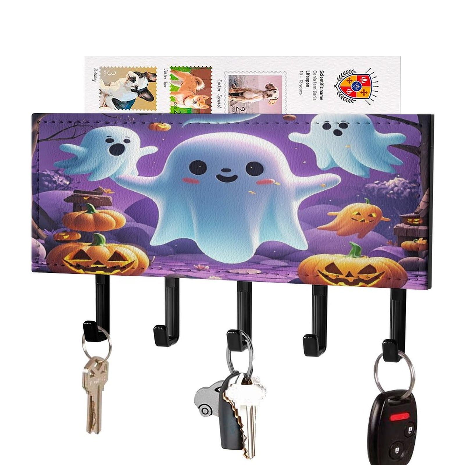 Fekiloot Black-Style Ghost Pumpkin Key Holder Wall Mount Key And Mail Holder Key Hanger With 5 Hooks Decorative Pu Key Rack Hanging Key Hooks For Wall Living Room Kitchen Bathroom Hallway