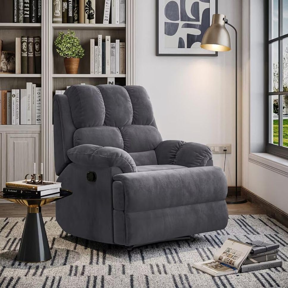 Image of Comfortable Single Seater Fabric Recliner Sofa Chair with Manual Push Back Mechanism & Extra Cushioning for Living Room, Color: Manu Grey