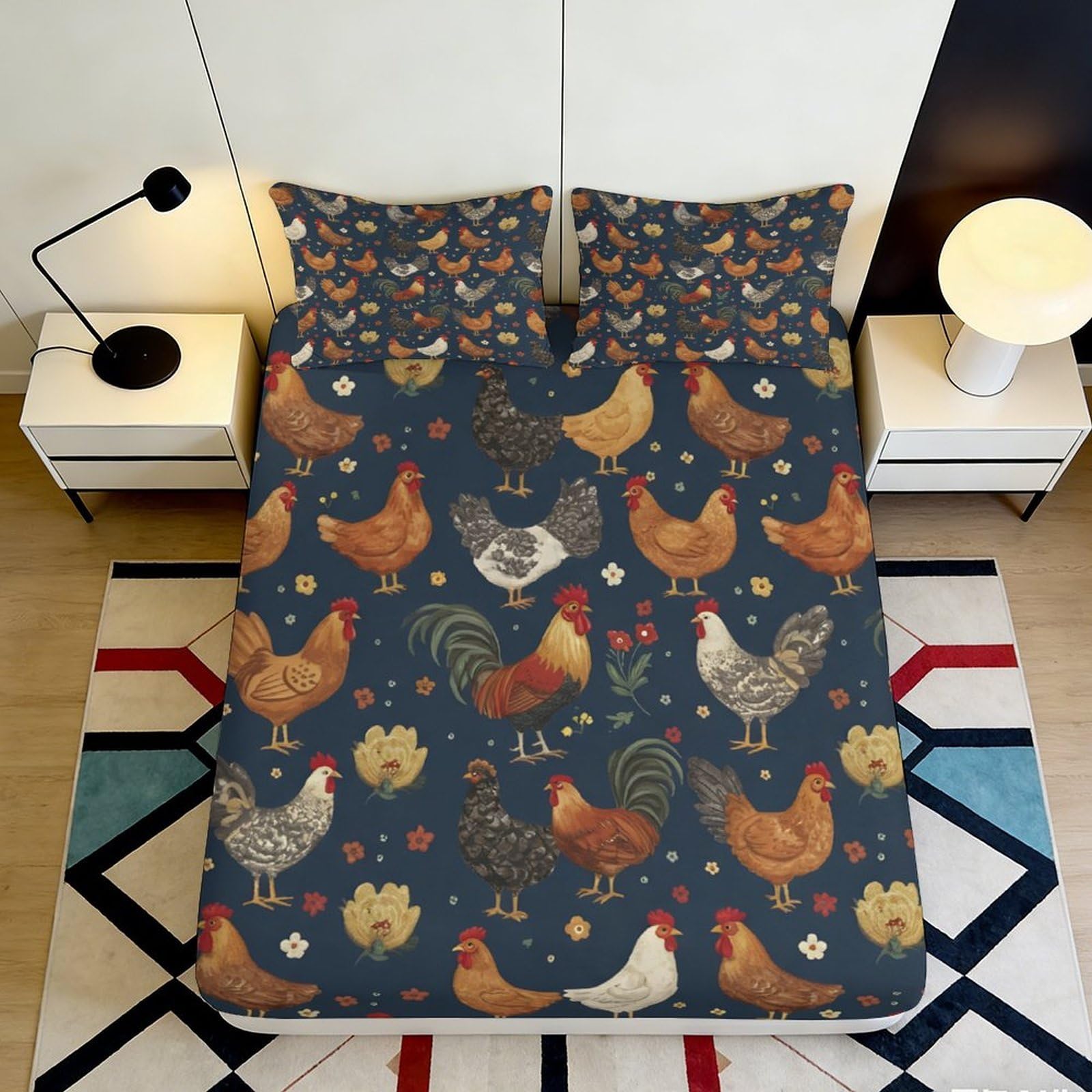 3D Printed Farm Chicken Fitted Sheet Microfiber Soft Washable Hen Pattern Mattress Cover for Bedroom Dorm Decor 90x200x25cm