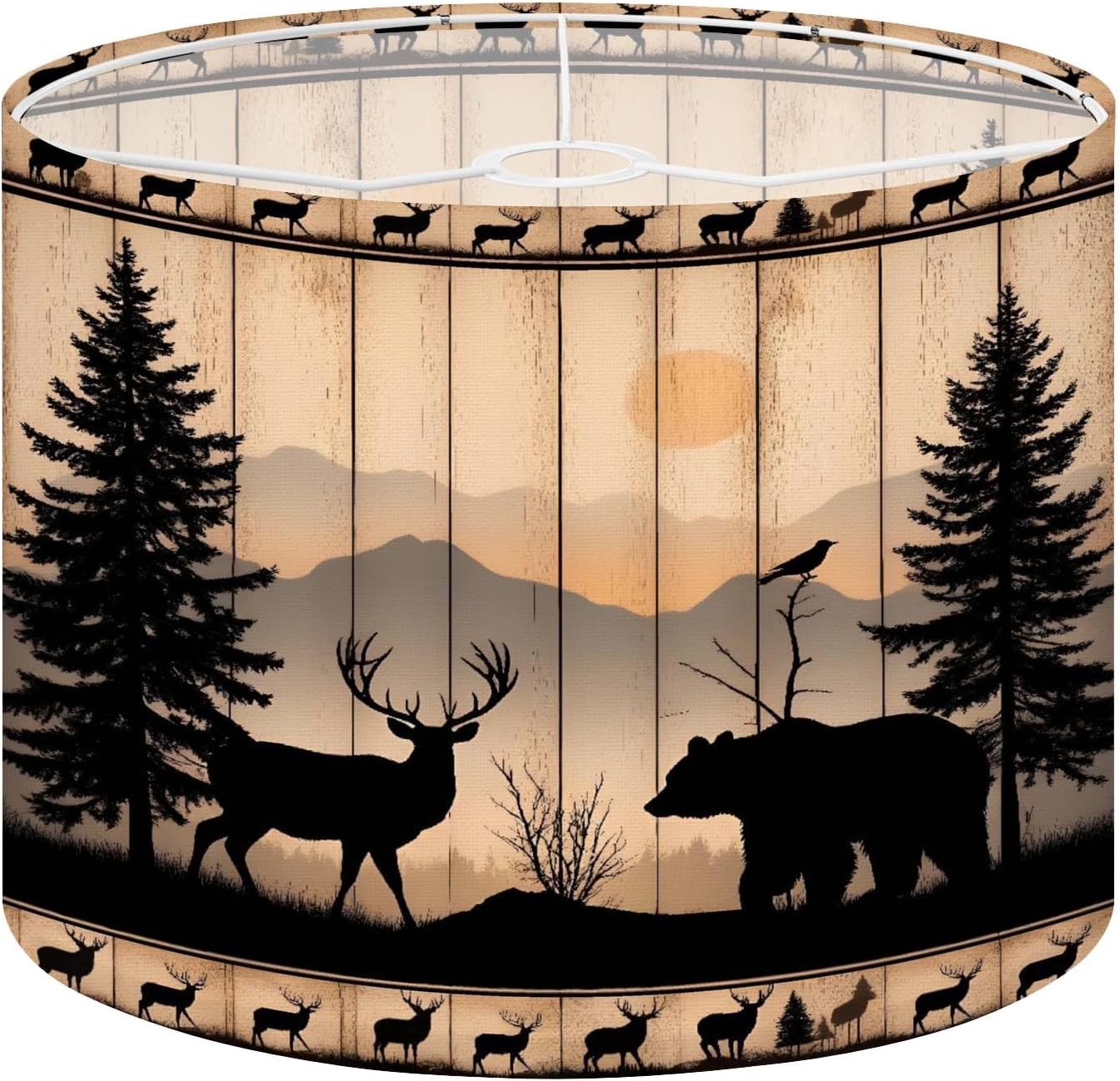 Rustic Lamp Shades Bear Forest Country Farmhouse Lodge Wooden Board Tan Brown Deer Lampshades Boho 1 Pack Light Shade for Table Lamps Floor Lamps Drum Rustic Lamp Shades Easy Assembly