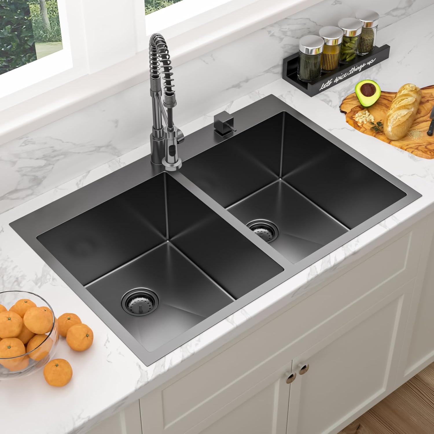 Sarlai 33 Black Drop In Kitchen Sink - 33x22 Inch Kitchen Sink Topmount Double Bowl 50/50 Gunmetal Black Stainless Steel 16 Gauge Two Basin